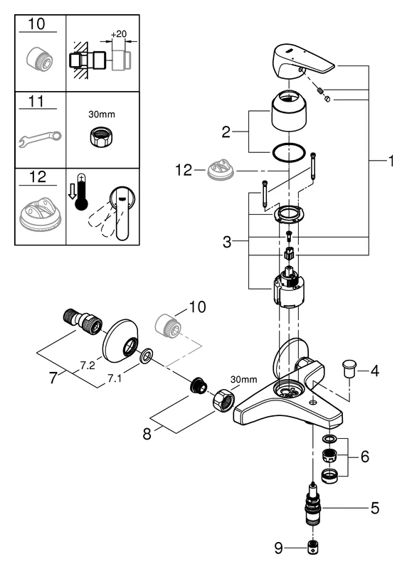 Einhand-Wannenbatterie BauFlow 23756, Wandmontage, eigensicher, chrom