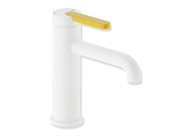 HEWI Einhebel-Waschtischmischer AQ477, System-Armaturen, pulverbeschichtet in Weiß tiefmatt mit farbigem Griffelement Senfgelb, Höhe 172 mm, Ausladung 130 mm, Durchfluss 5 l/min, Keramikkartusche K-35OP, druckfest bis 35 bar
