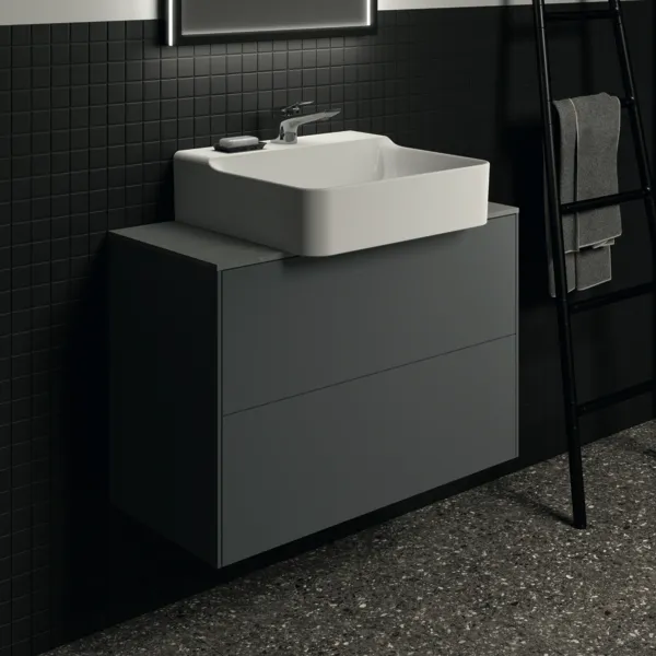 Waschtischplatte Conca, aus Keramik, 802x373x6mm, Marmor Noir Desir