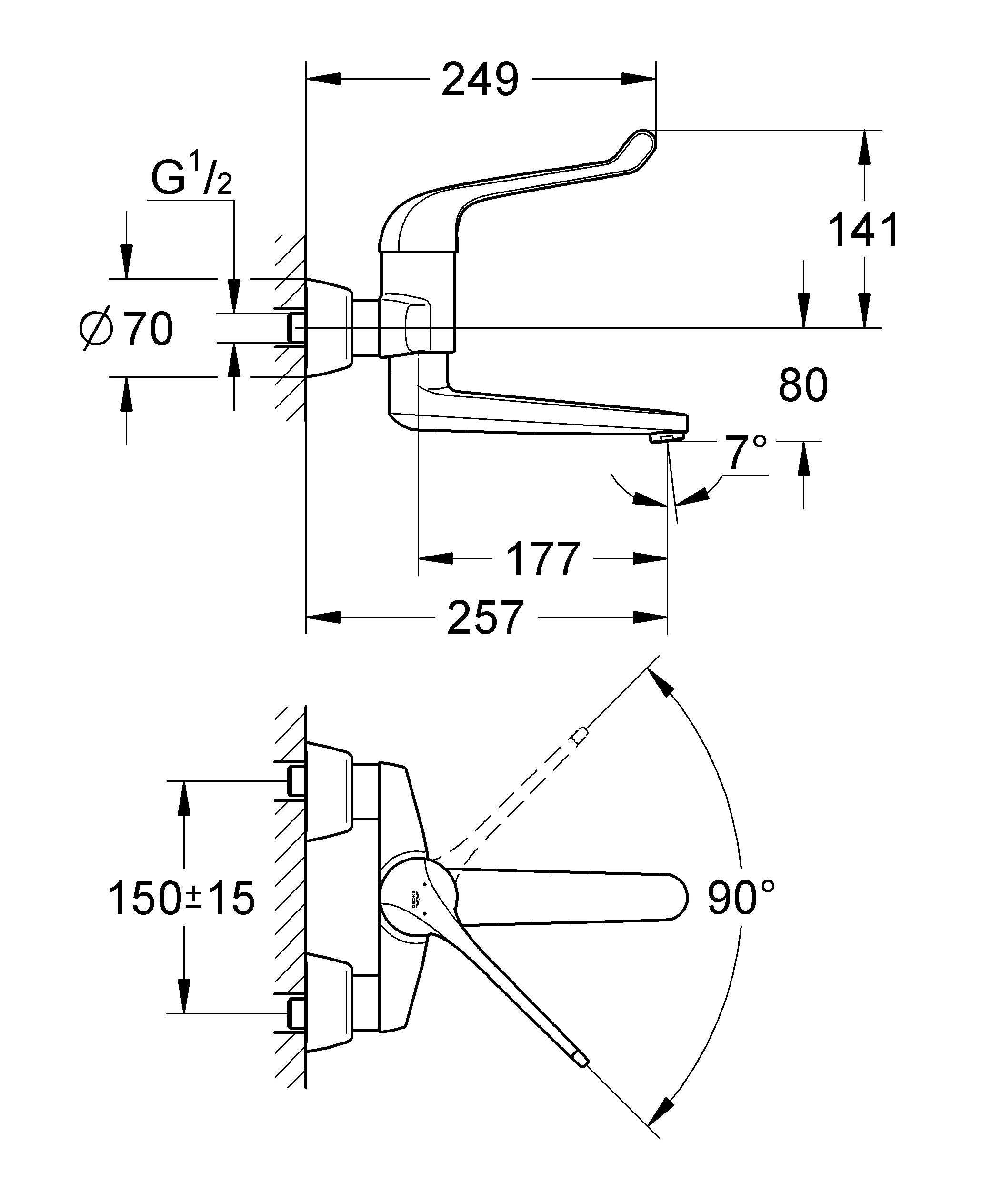 Einhand-Sicherheitsmisch-Waschtischbatterie Euroeco Special 32793, Wandmontage, Ausladung 256 mm, Hebellänge 170 mm, chrom