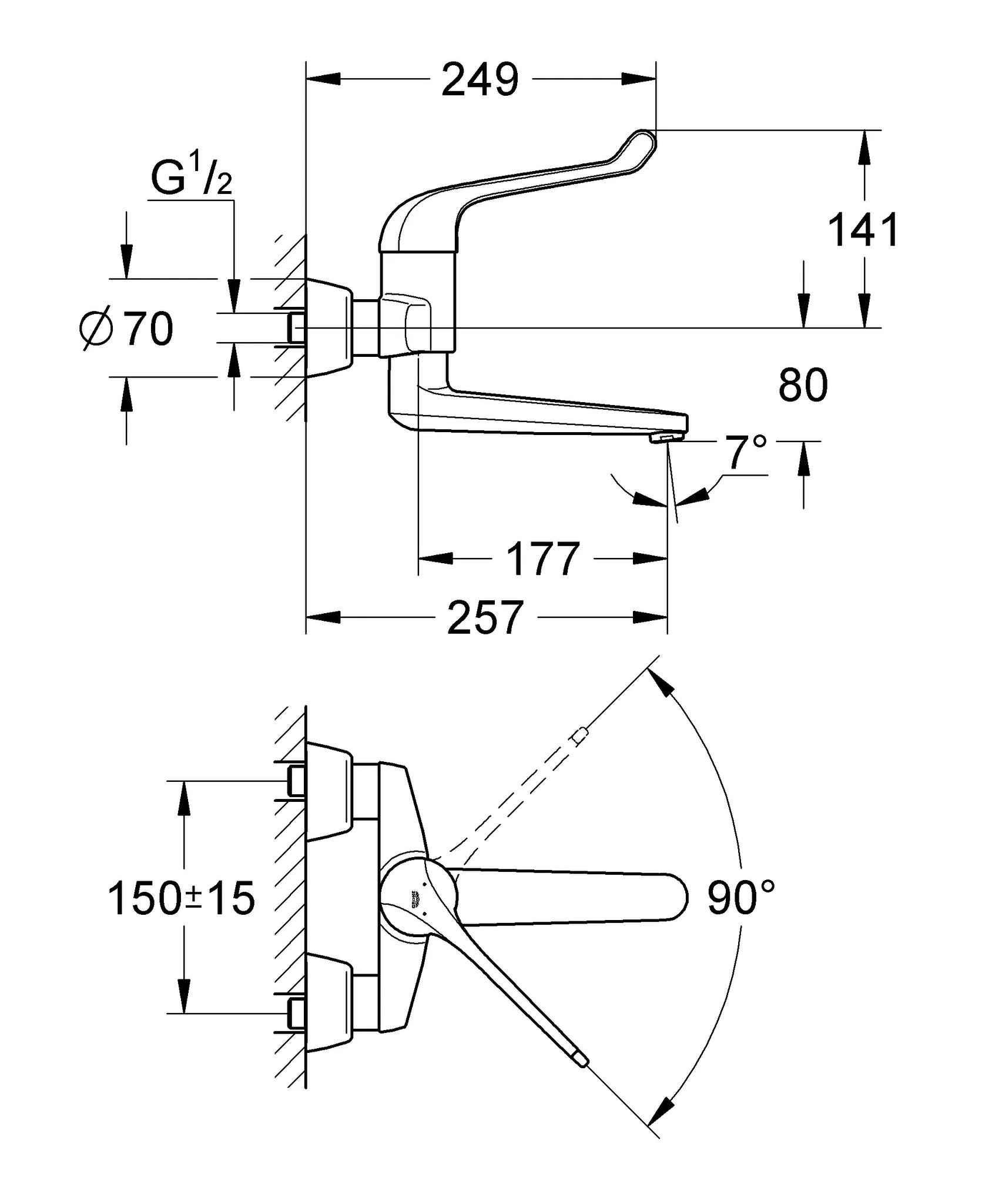 Einhand-Sicherheitsmisch-Waschtischbatterie Euroeco Special 32793, Wandmontage, Ausladung 256 mm, Hebellänge 170 mm, chrom Einhand-Sicherheitsmisch-Waschtischbatterie Euroeco Special 32793, Wandmontage, Ausladung 256 mm, Hebellänge 170 mm, chrom