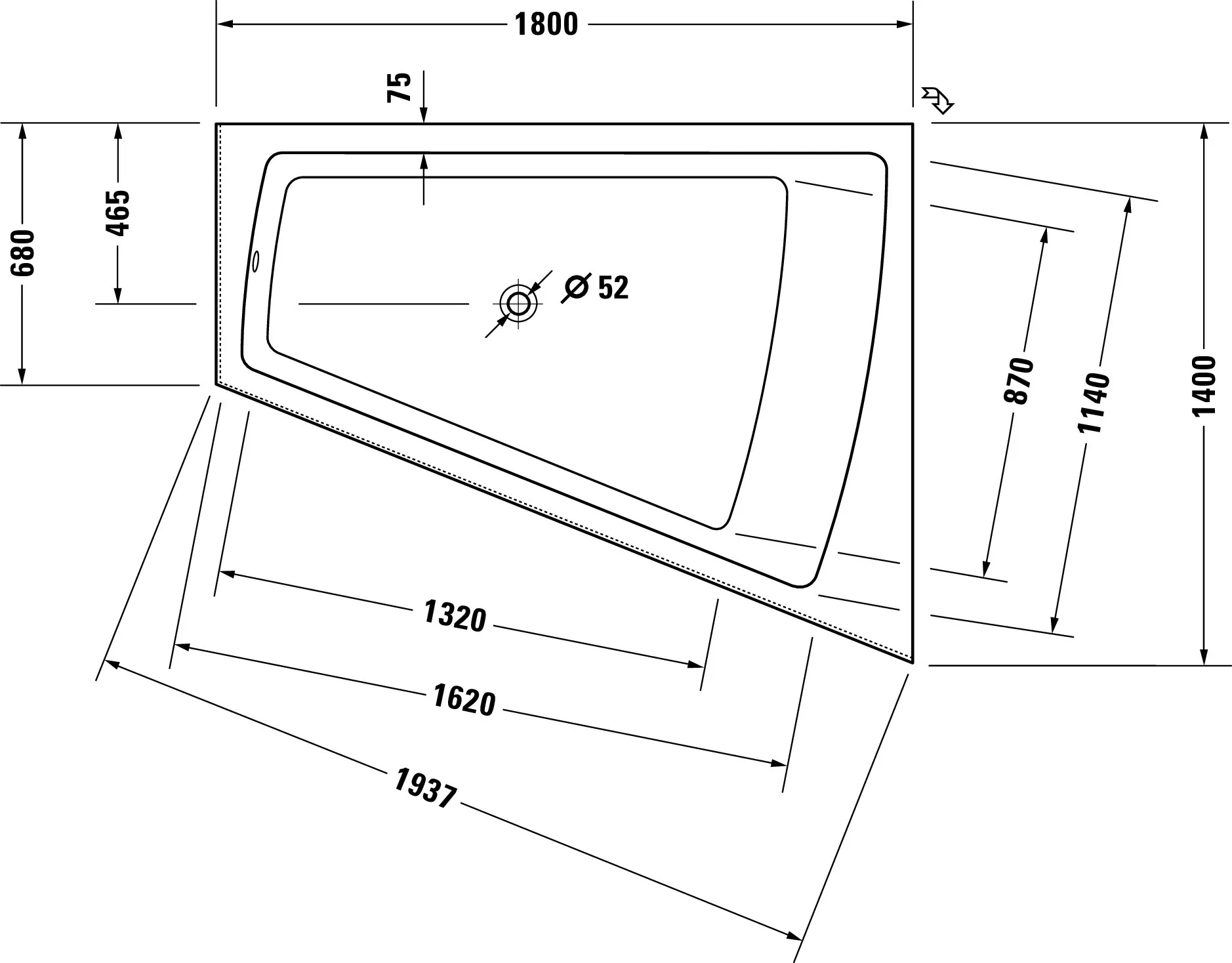 Duravit Badewanne „Paiova“ vorwand sonderform 180 × 140 cm, rechts