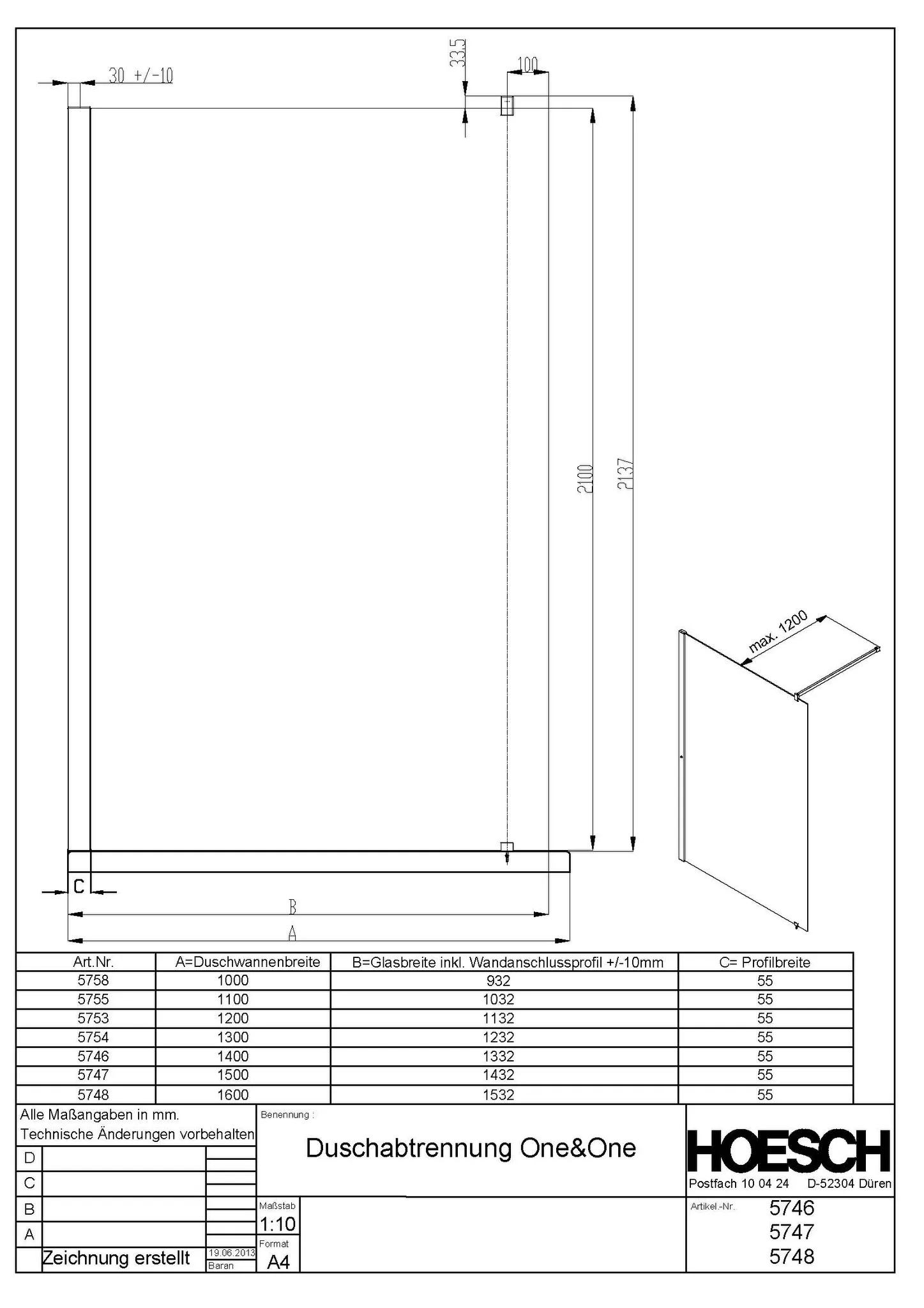 Hoesch Walk-In-Duschkabine „One & One“ Profile eloxal silber, H: 2100 mm