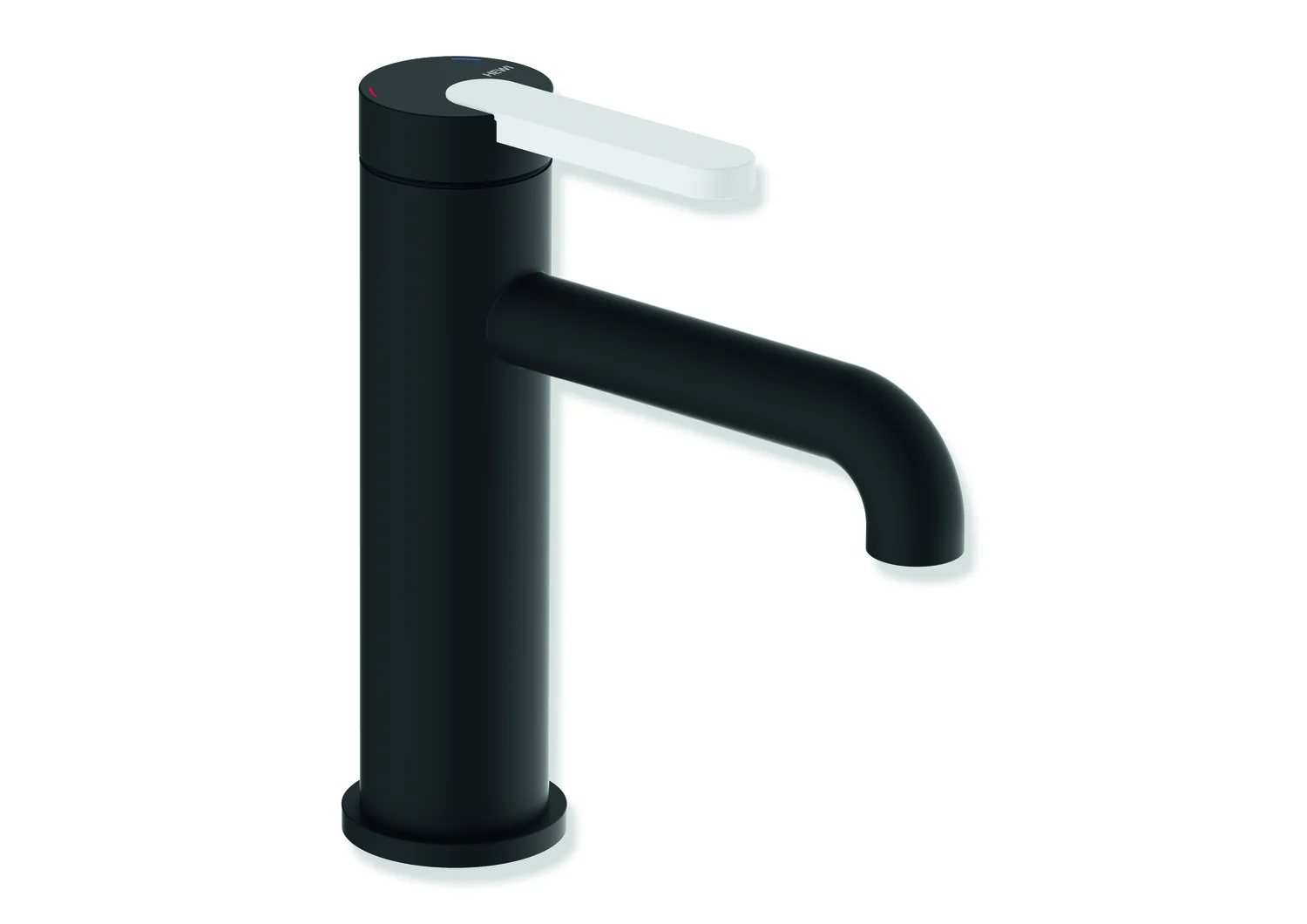 HEWI Einhebel-Waschtischmischer AQ477, System-Armaturen, pulverbeschichtet in Schwarz tiefmatt mit Signalweiß-Griff, Höhe 172 mm, Ausladung 130 mm,