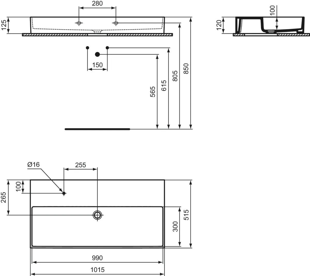 Waschbecken „Solos“ 101,5 × 51,5 × 12,5 cm, Hahnlochposition links in Weiß Waschbecken „Solos“ 101,5 × 51,5 × 12,5 cm, Hahnlochposition links in Weiß