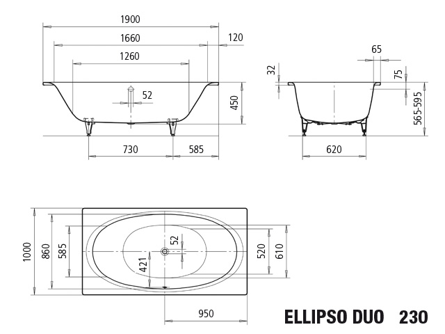 Kaldewei Badewanne „Ellipso Duo“ rechteck 190 × 100 cm, mit Grifflochbohrungen in alpinweiß