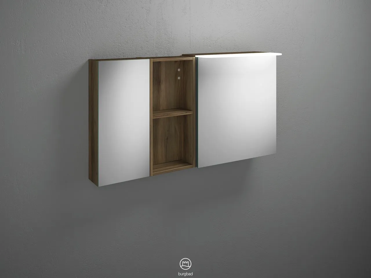 Burgbad Spiegelschrank Badu SFTX120, 310x1200x665 mm, 2 beidseitig verspiegelte Türen, LED-Aufsatzleuchte 4200 K, Schalter-Steckdosenelement