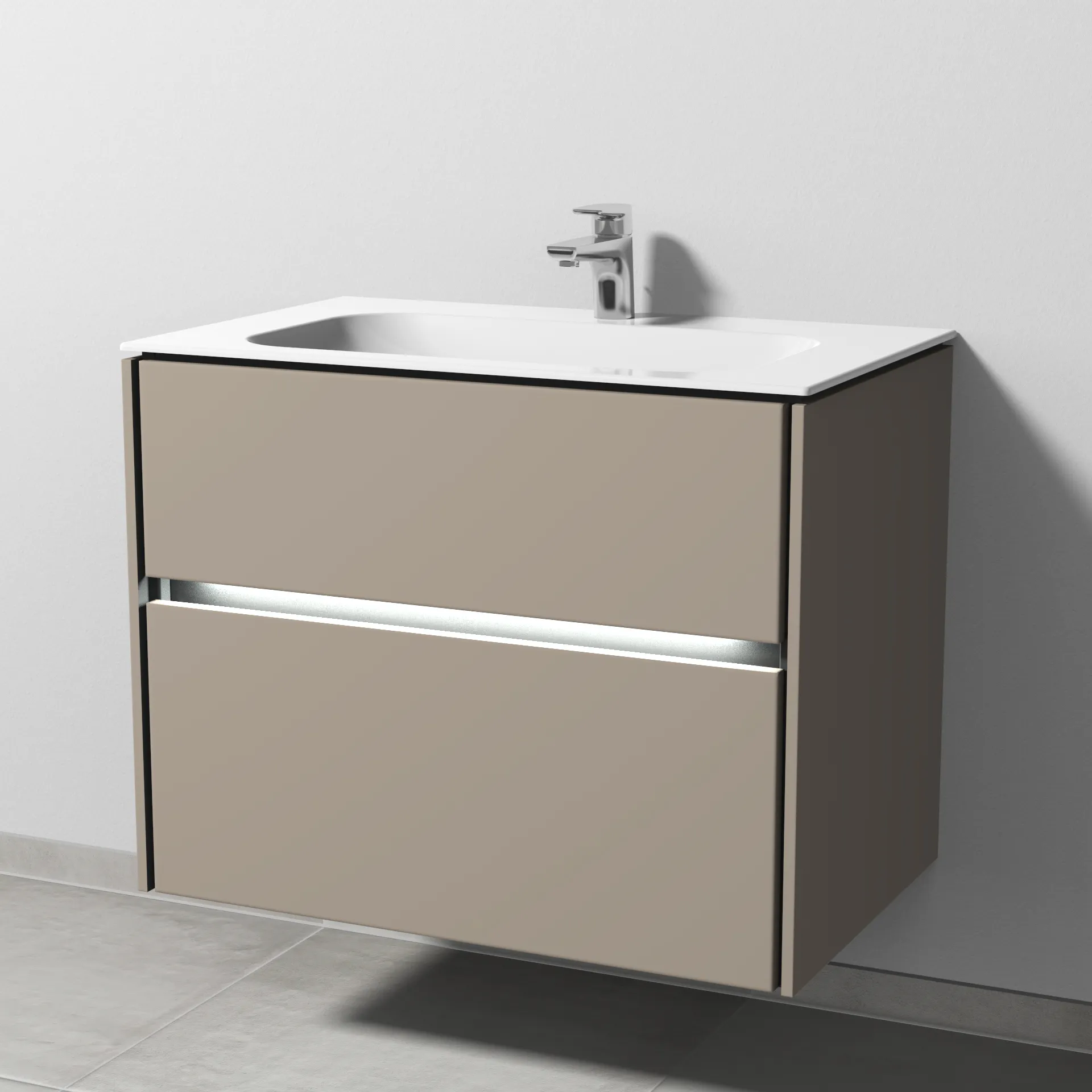 Keramik-Waschtisch-Set mit Waschtischunterschrank „Twiga“ 79 × 50 × 61 cm in Sandgrau (matt), mit Hahnlochbohrung, mit Beleuchtung Keramik-Waschtisch-Set mit Waschtischunterschrank „Twiga“ 79 × 50 × 61 cm in Sandgrau (matt), mit Hahnlochbohrung, mit Beleuchtung