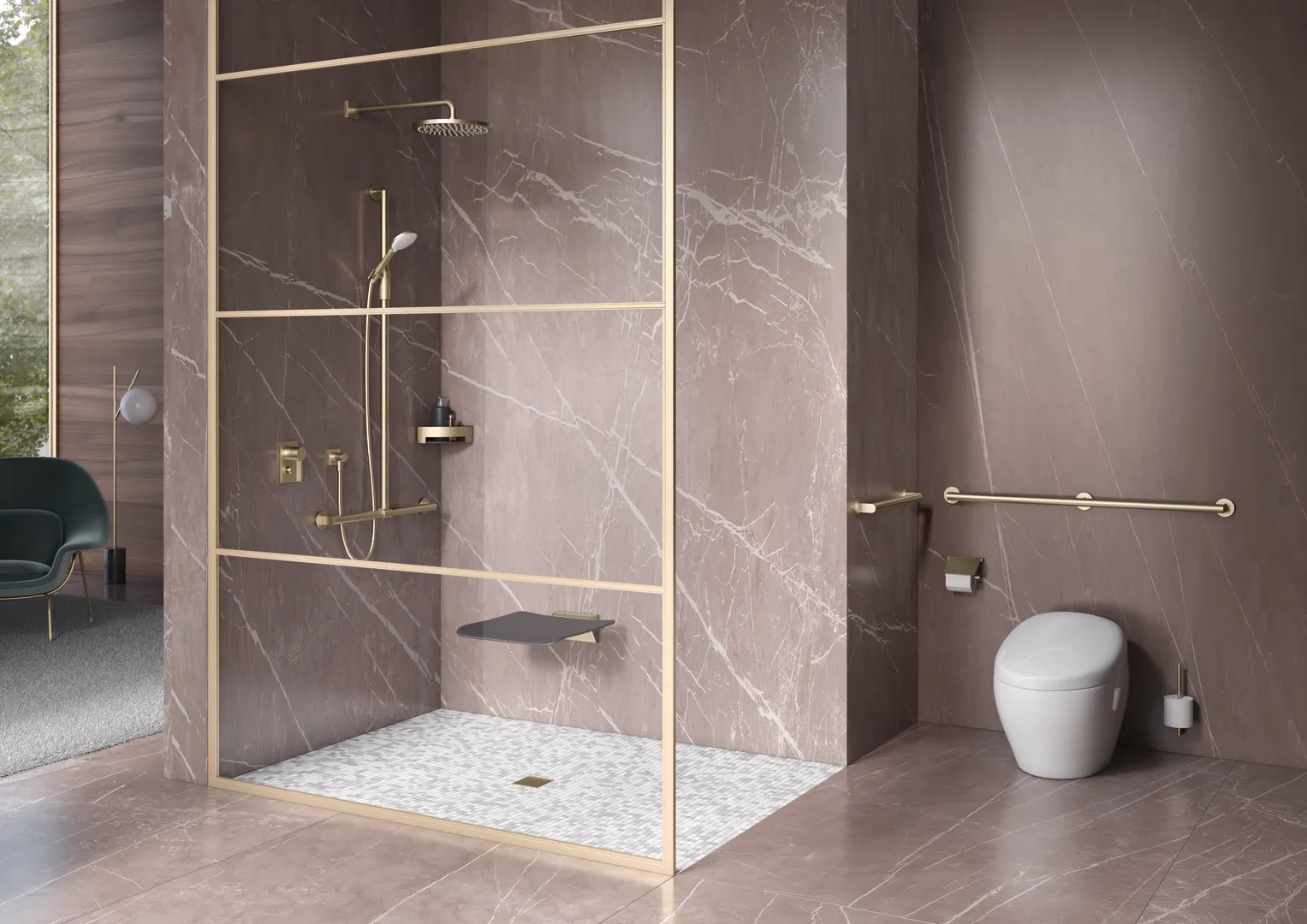 Klappsitz des Systems 900, Wandkonsole aus Edelstahl, PVD, Sitzfläche aus strukturiertem Kunststoff, schwarz, Sitzfläche 450 mm breit, 450 mm tief, in Farbe CK (messing glänzend) Klappsitz des Systems 900, Wandkonsole aus Edelstahl, PVD, Sitzfläche aus strukturiertem Kunststoff, schwarz, Sitzfläche 450 mm breit, 450 mm tief, in Farbe CK (messing glänzend)