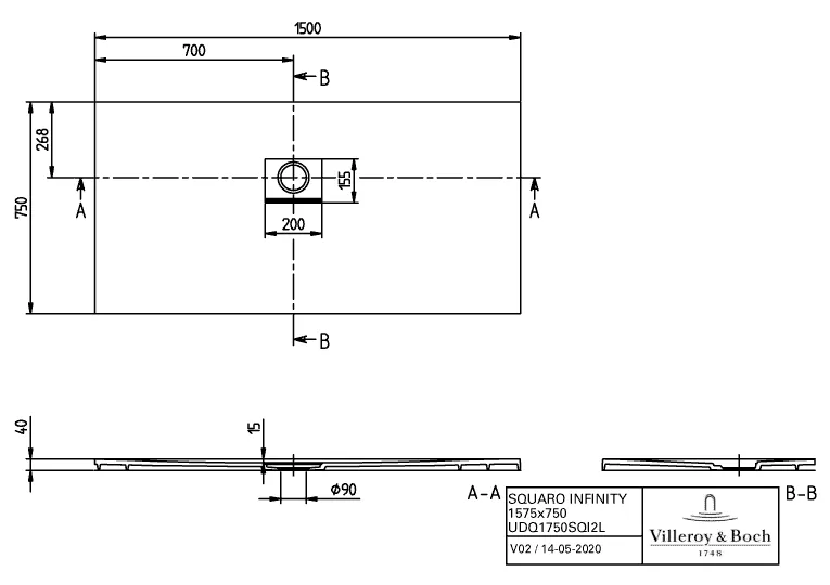 Villeroy & Boch rechteck Duschwanne „Squaro Infinity“ Eck-Einbau links gegen Wand 150 × 75 cm