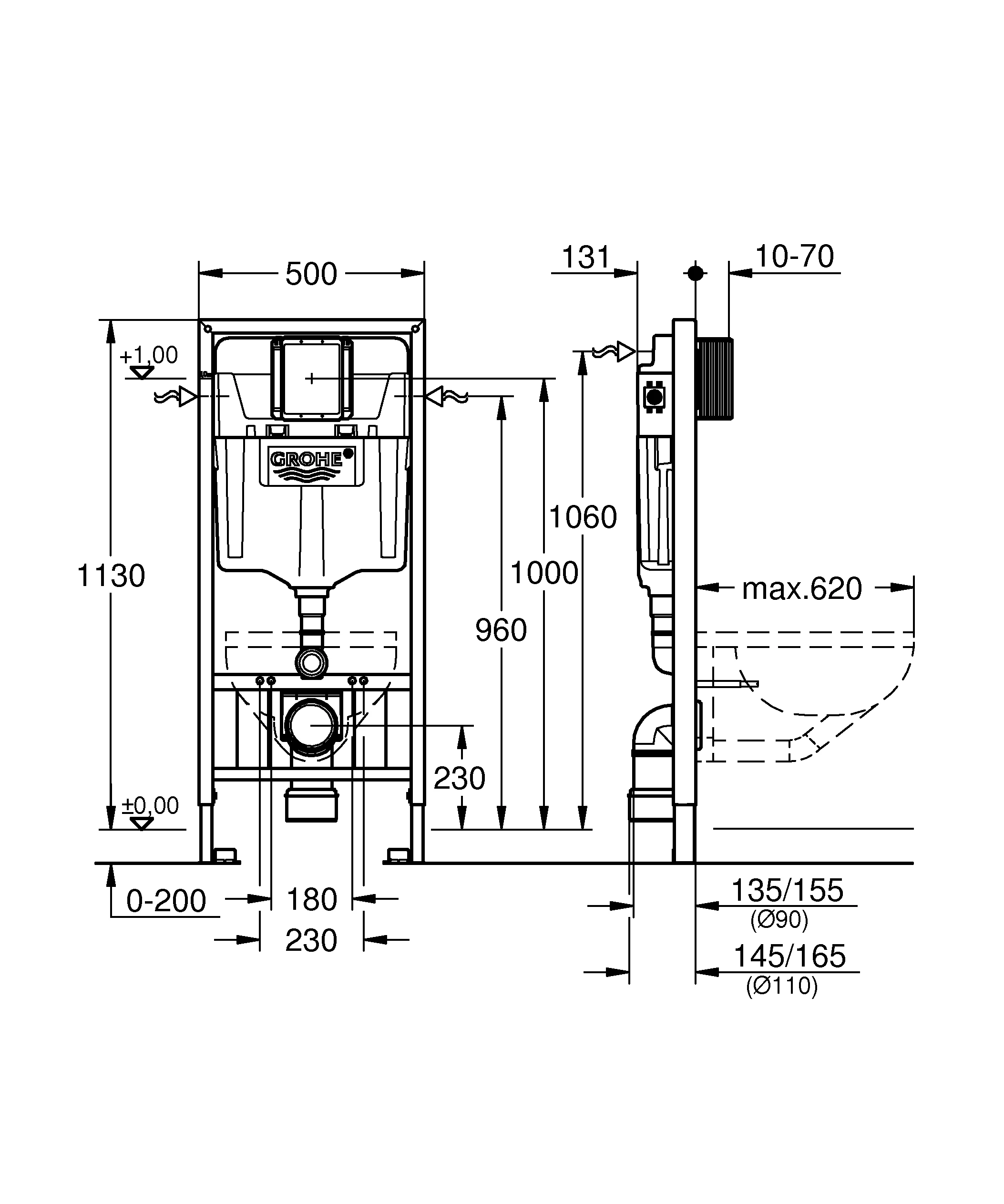 Wand-WC-Element Rapid SL 38897, 1,13 m Bauhöhe, für Vorwand- oder Ständerwandmontage, mit senkrechten Drucktraversen für WCs mit schmaler Auflagefläche < 205 mm