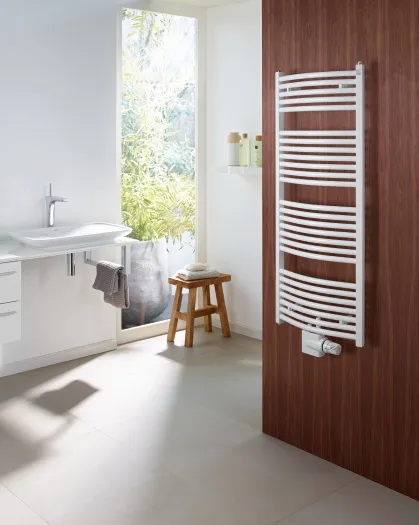 Zehnder Design-Heizkörper „Zeno Bow“ für Warmwasser-Zentralheizung mit 50 mm-Mittelanschluss 74,5 × 168,8 cm in Inox Look (glänzend)