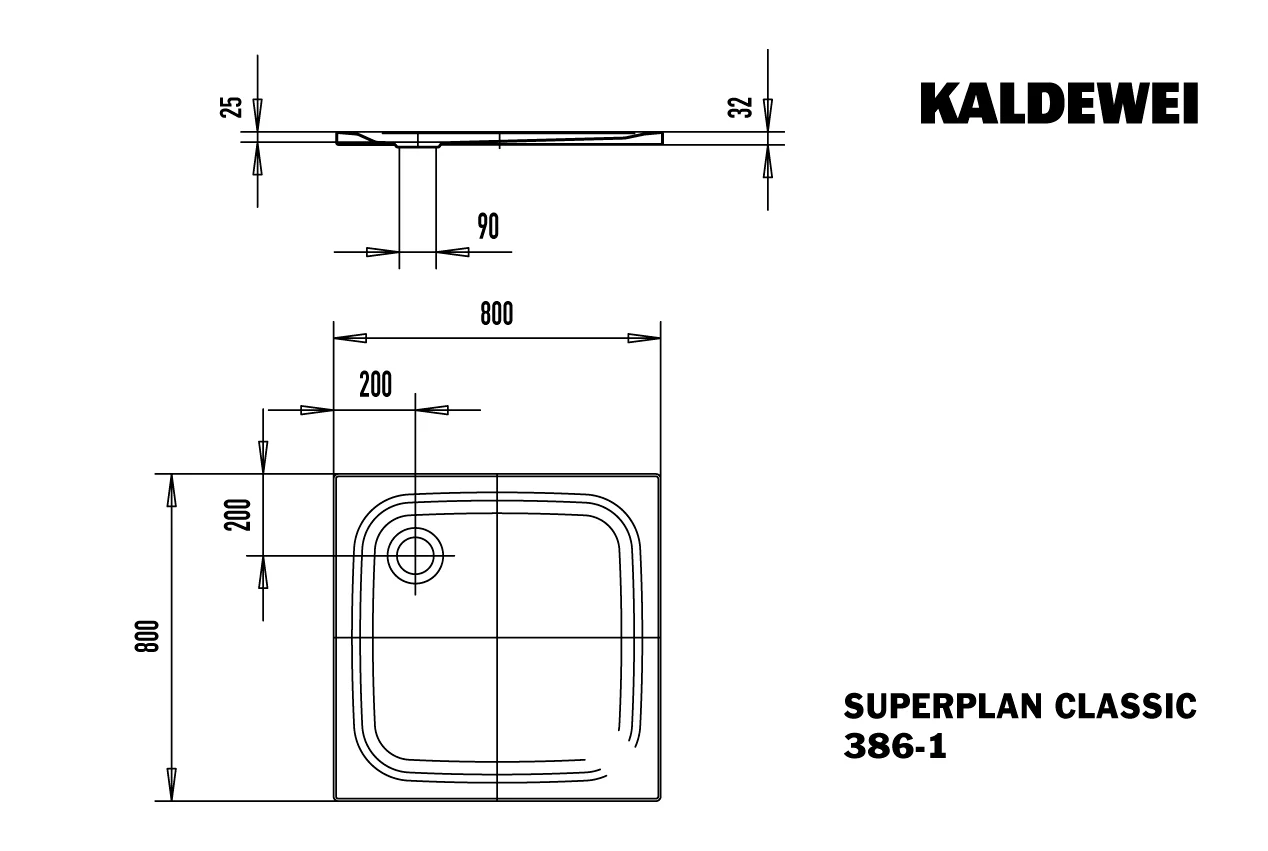 Kaldewei SUPERPLAN CLASSIC Duschfläche, 800x800 mm, alpinweiß, bodengleich, Eckablauf, 25 mm tief