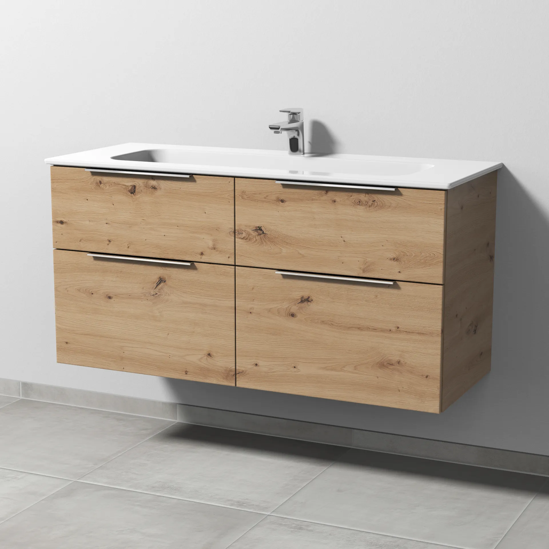 Keramik-Waschtisch-Set mit Waschtischunterschrank „3way“ 117 × 46 × 58,2 cm in Eiche Natural-Touch, mit Hahnlochbohrung, Becken mittig Keramik-Waschtisch-Set mit Waschtischunterschrank „3way“ 117 × 46 × 58,2 cm in Eiche Natural-Touch, mit Hahnlochbohrung, Becken mittig