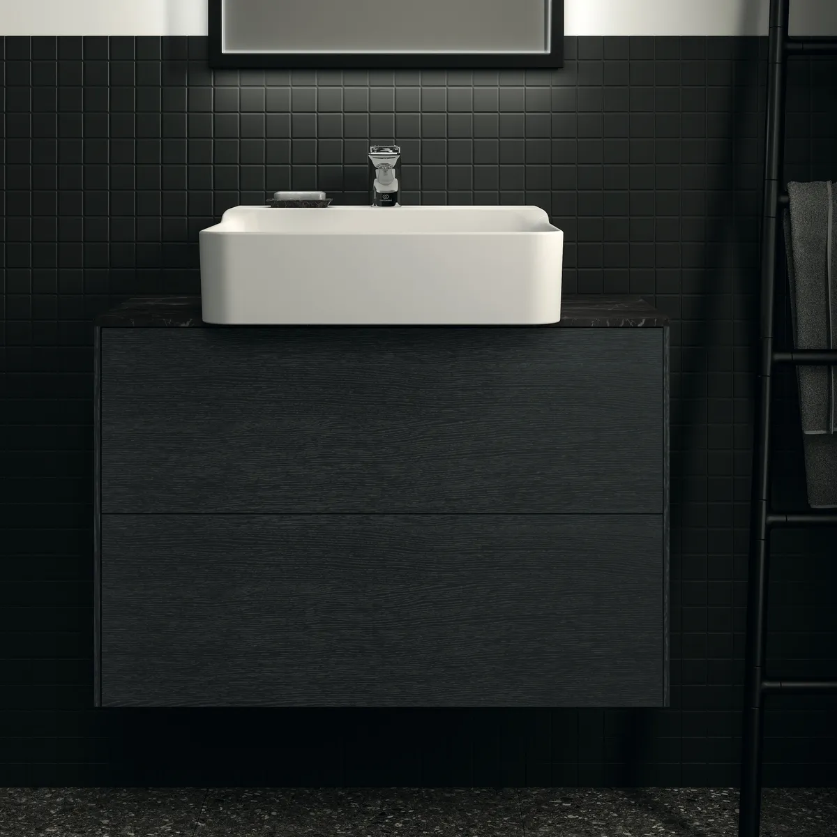 Waschtischplatte Conca, aus Keramik, 802x373x6mm, Marmor Noir Desir