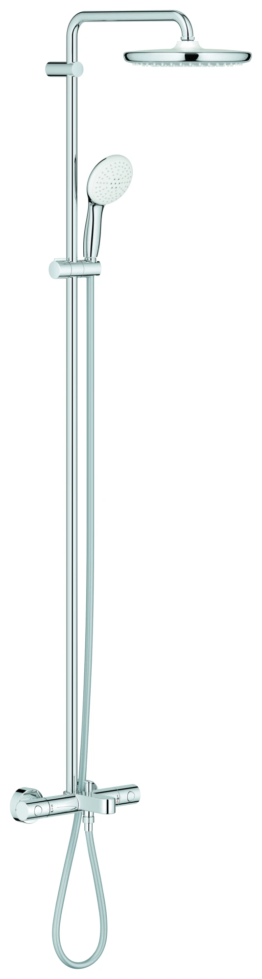 Duschsystem Tempesta 250 26672_1, mit Thermostat-Wannenbatterie, Wandmontage, Kopfbrause Tempesta 250, weiße Rückseite, Strahlart: Rain, Handbrause Tempesta 110, 2 Strahlarten, Water Saving, Maximaler Durchfluss (bei 3 bar): 8 l/min, chrom