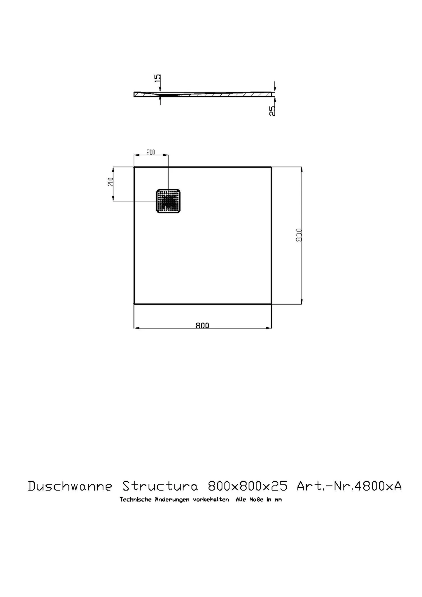 Duschwanne Structura 800x800x25 in gesoftete Schieferoptik, mit Antirutsch B, Material Solique, Weiß