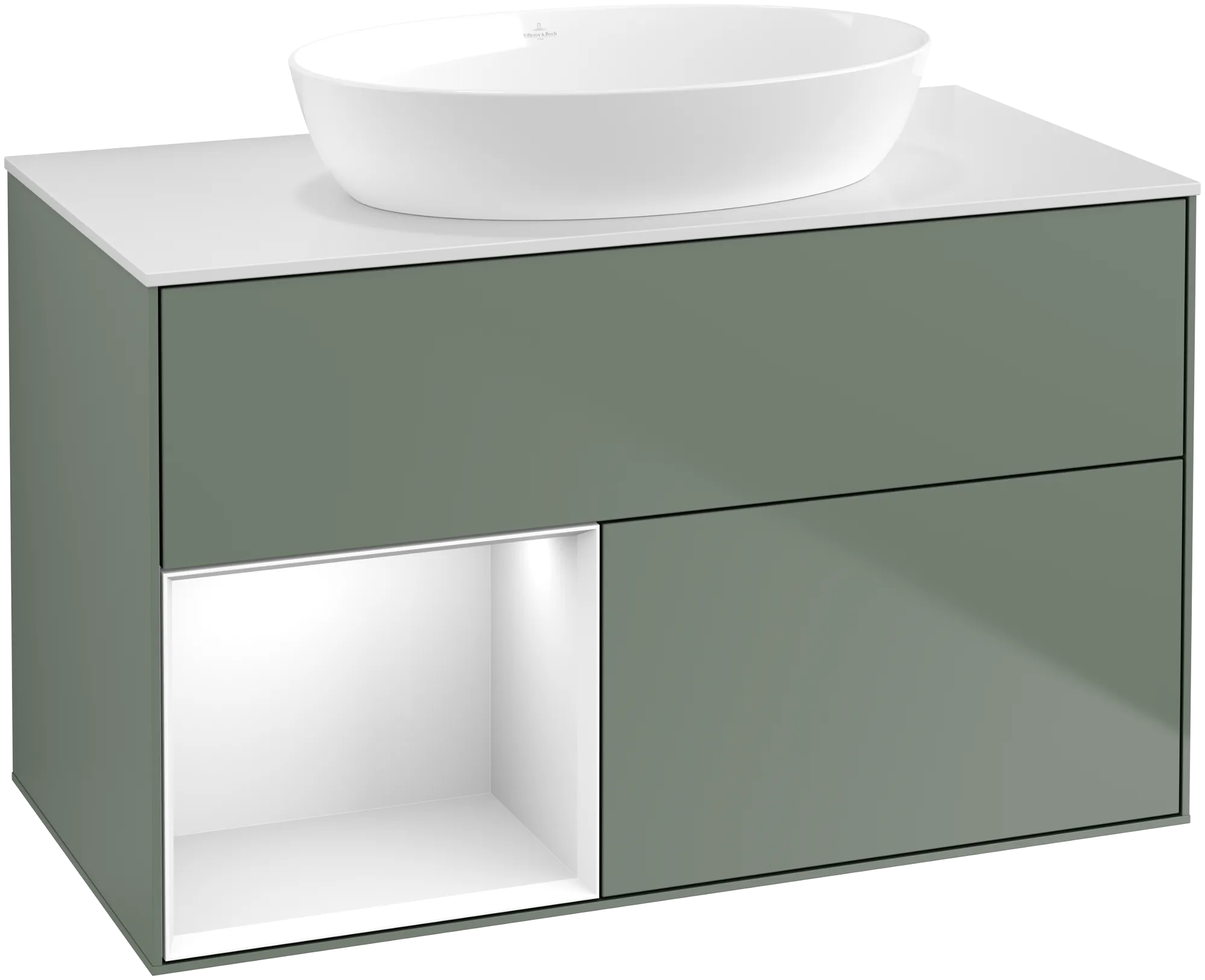 Villeroy & Boch Waschtischunterschrank „Finion“ für Schrankwaschtisch 1000 × 603 × 501 mm Olive Matt Lacquer, ohne Hahnlochbohrung, für Becken mittig
