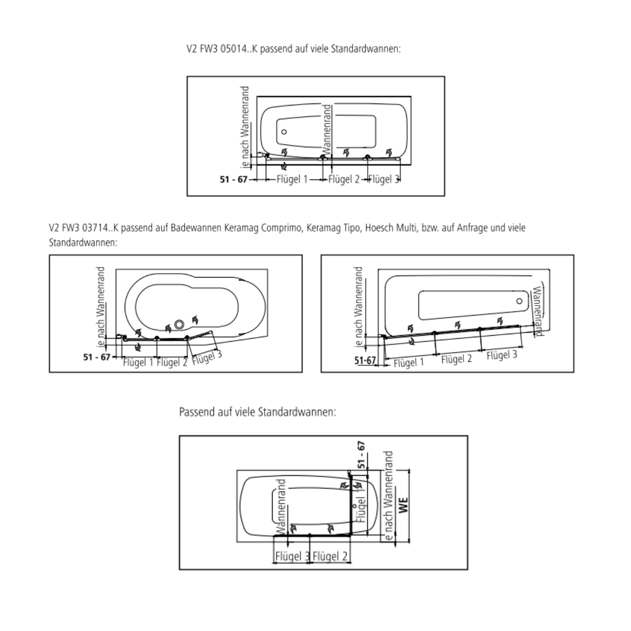 Kermi Duschdesign Badewannenabtrennung Faltwand 3-flügelig auf Badewanne „VARIO 2000“, Falttür Glas Kerolan Perl, Profile Silber Mattglanz, BV: 1011 - 1027 mm H: 1400 mm