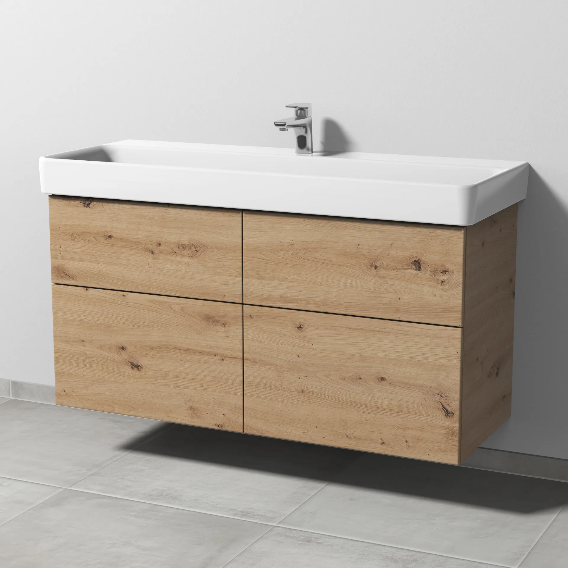 Sanipa Waschtischunterschrank „3way“ 1150 × 593 × 437 mm in Eiche Natural-Touch, Becken mittig Sanipa Waschtischunterschrank „3way“ 1150 × 593 × 437 mm in Eiche Natural-Touch, Becken mittig
