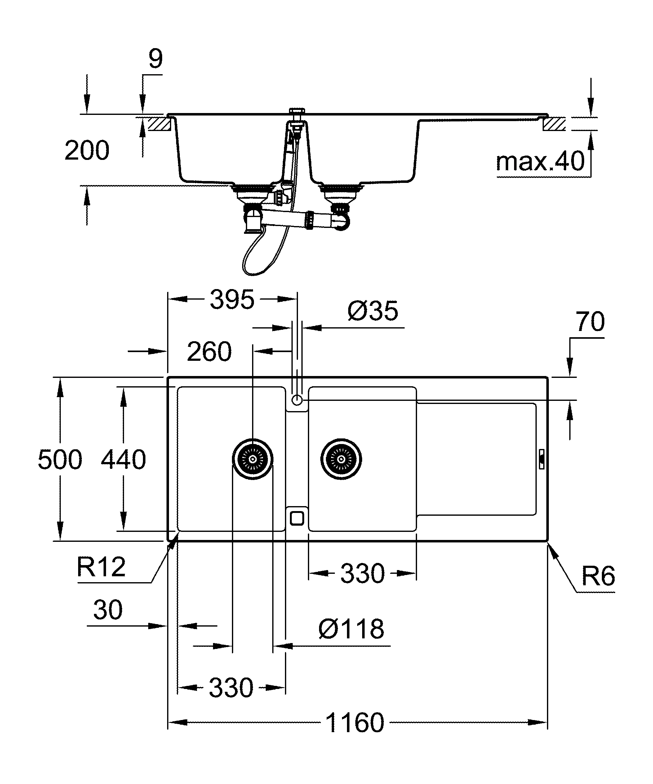 Kompositspüle K500 31647, mit Abtropffläche, Modell: K500 80-C 116/50 2.0 rev, Montageart: Standard-Einbauspüle, Maße: 1160 x 500 mm, 1 Becken: 330 x 440 x 200 mm, 2 Becken: 330 x 440 x 200 mm, granit schwarz