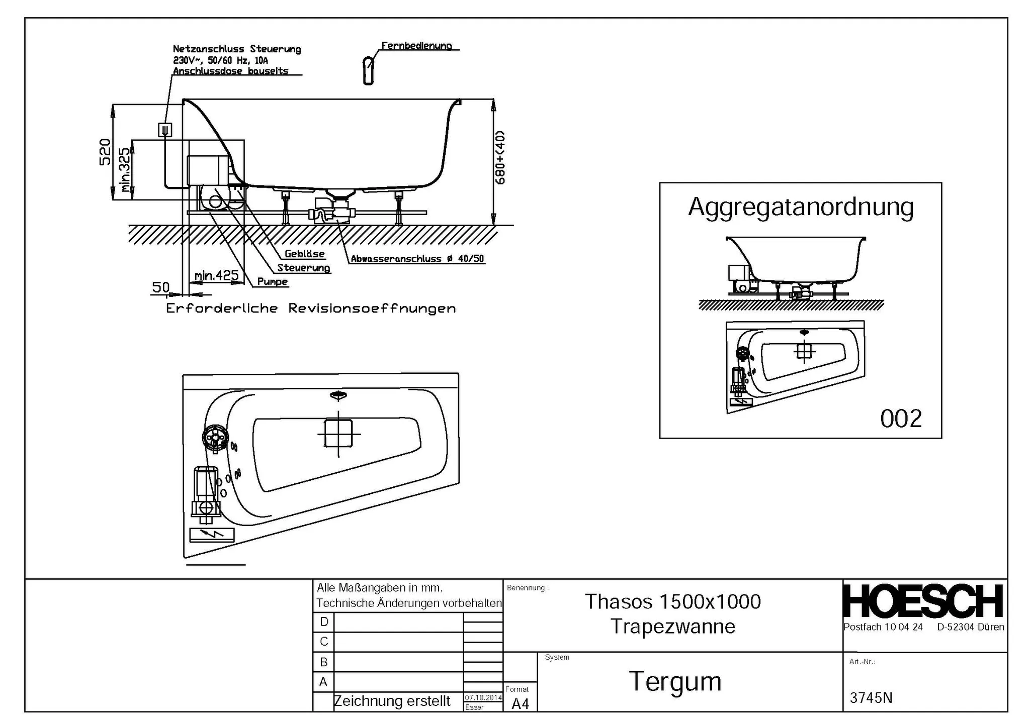 Hoesch Whirlwanne Thasos Trapez 1500x1000 links mit Tergum Whirl, weiß/verchromt, Motor links