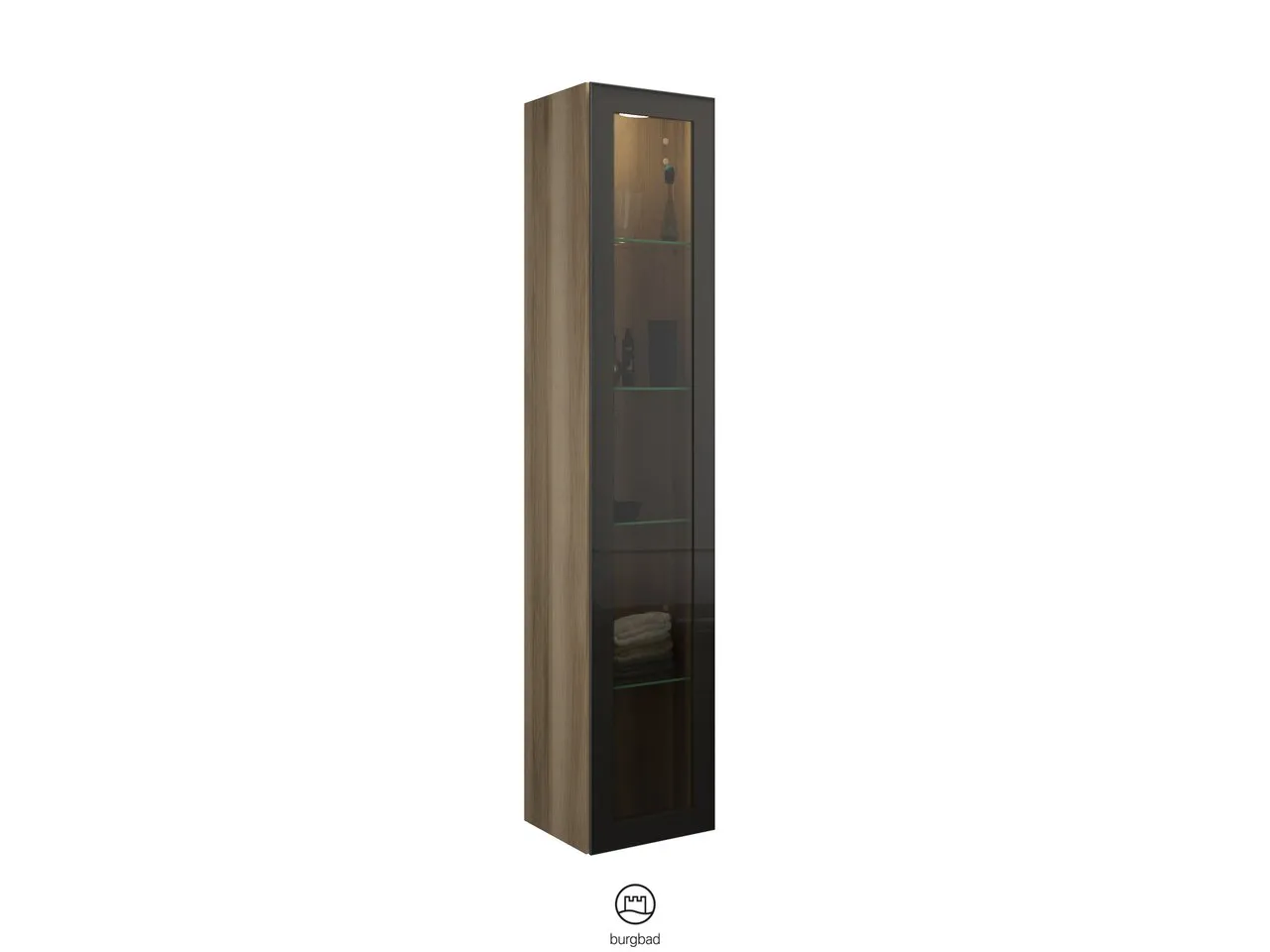 Hochschrank, 1 Alurahmentür mit Rauchglaseinsatz in Bronze;4 Glaseinlegeböden;LED-Innenbeleuchtung, 5 W, 4000 K;Energieeffizienzklasse F;für Raumschaltung;IP20, Tiefe: 320 mm, Breite: 350 mm, Höhe: 1760 mm