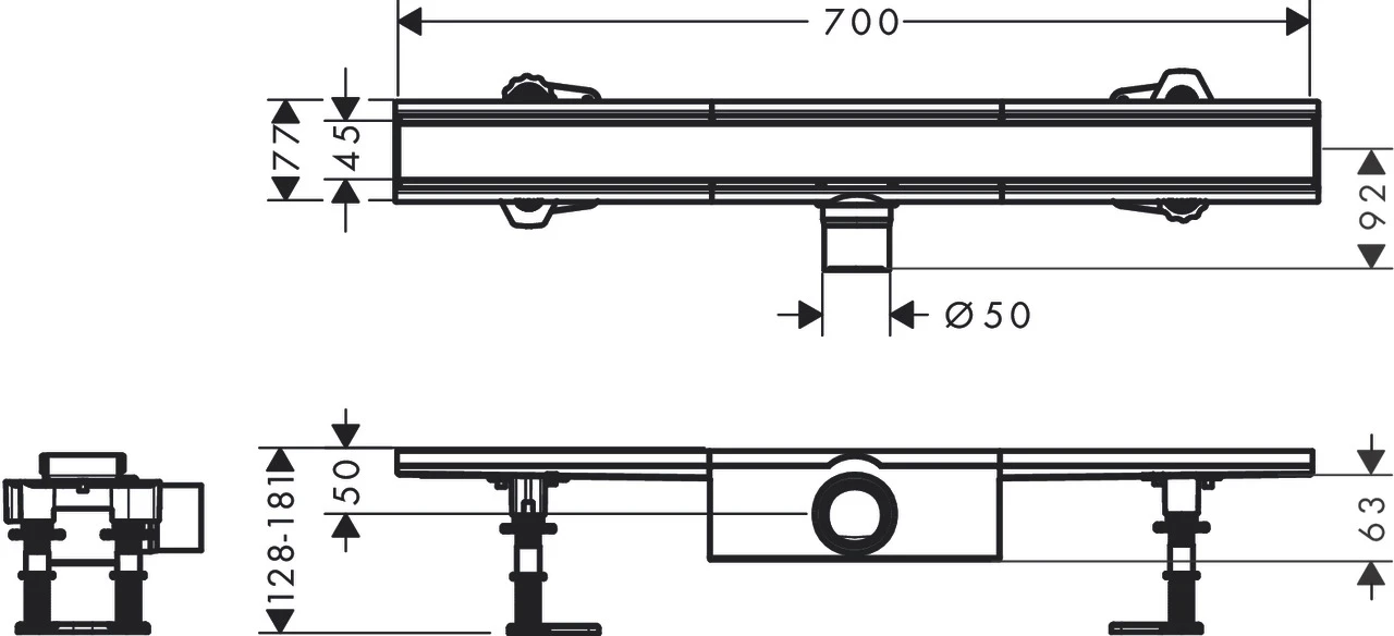 RainDrain Compact Komplettset Duschrinne 700 für Standardinstallation Edelstahl gebürstet