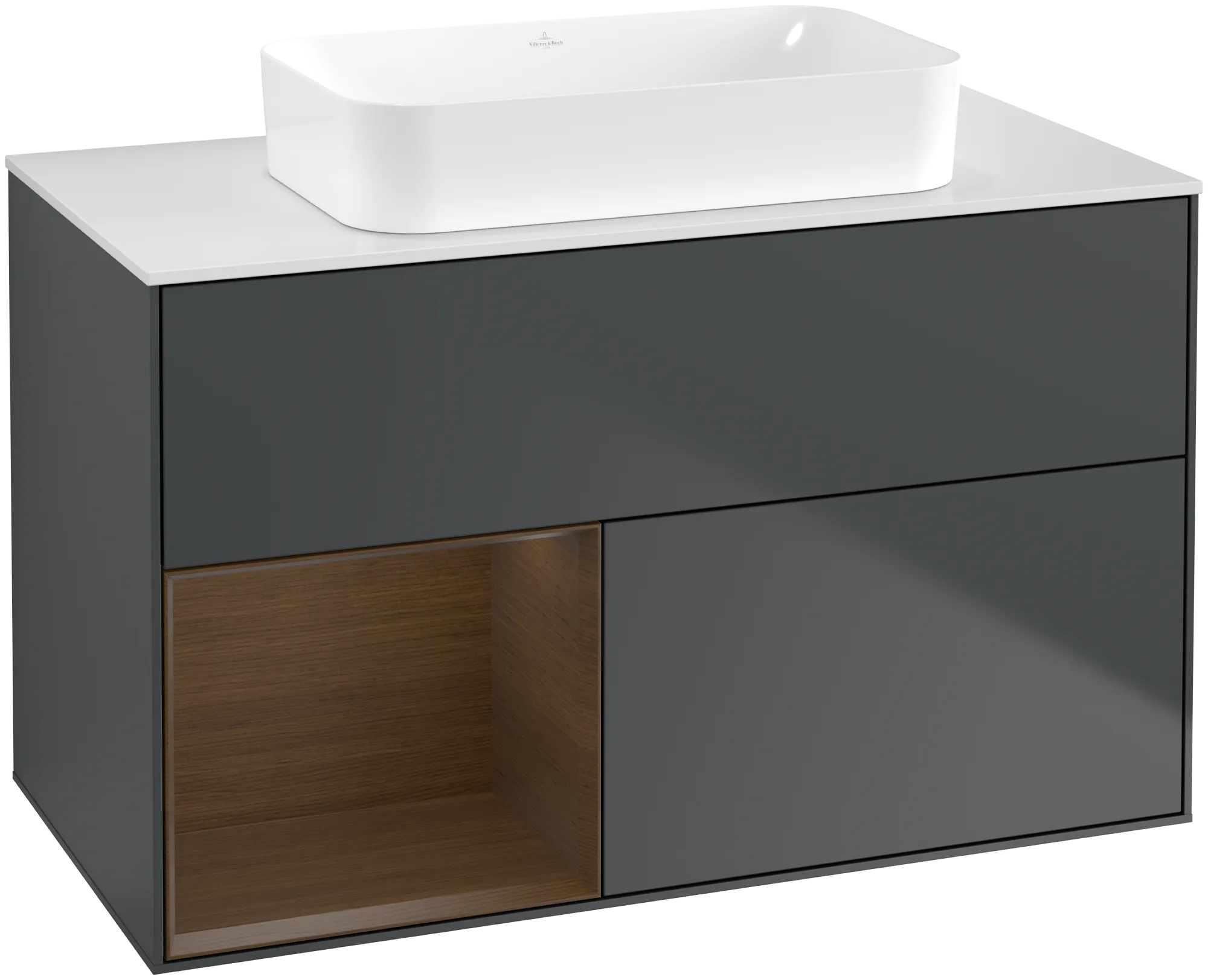 Villeroy & Boch Finion Waschbeckenunterschrank G65, Midnight Blue Matt Lacquer / Walnut Veneer / Glass White Matt