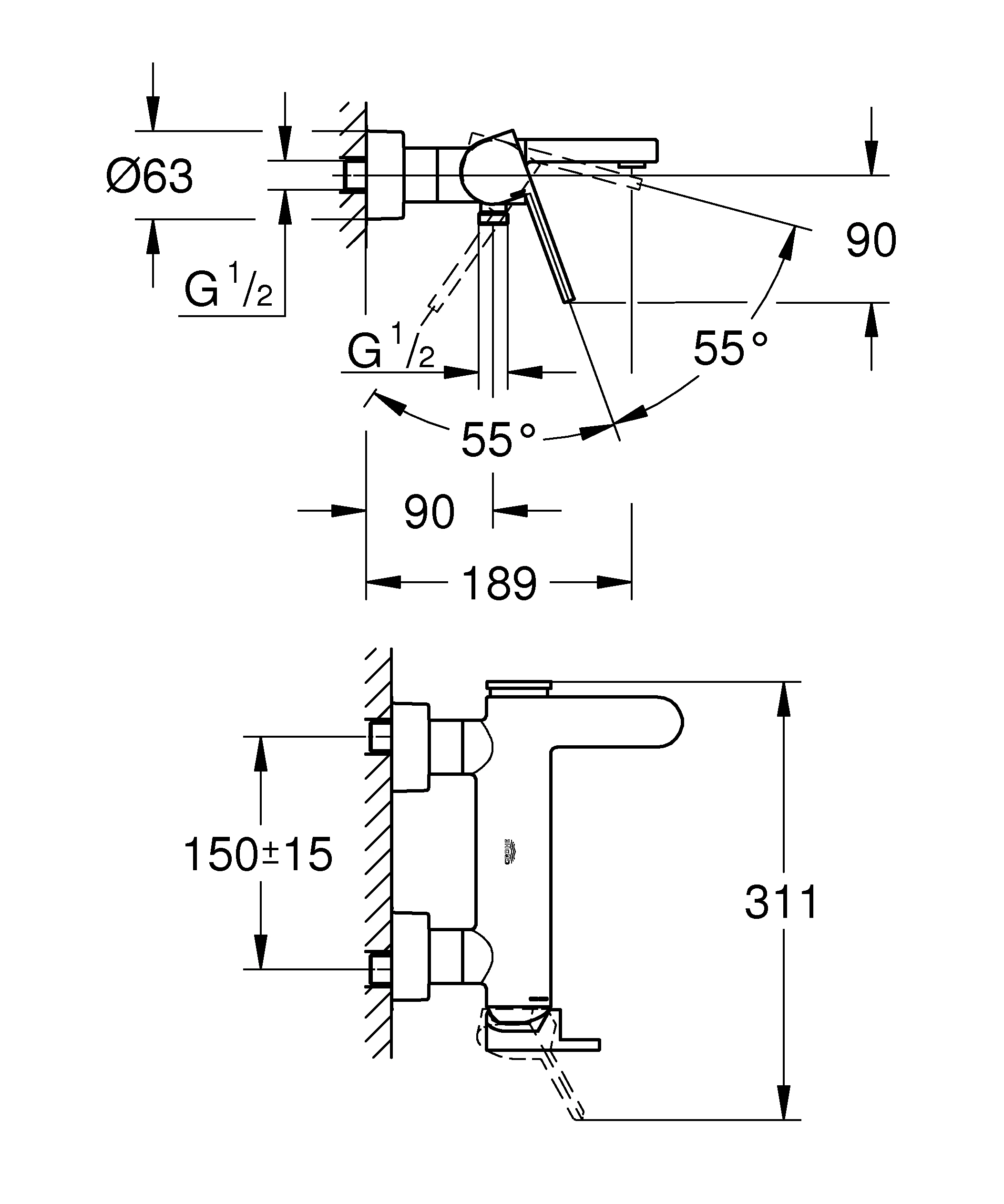 Einhand-Wannenbatterie Plus 33553_3, Wandmontage, chrom