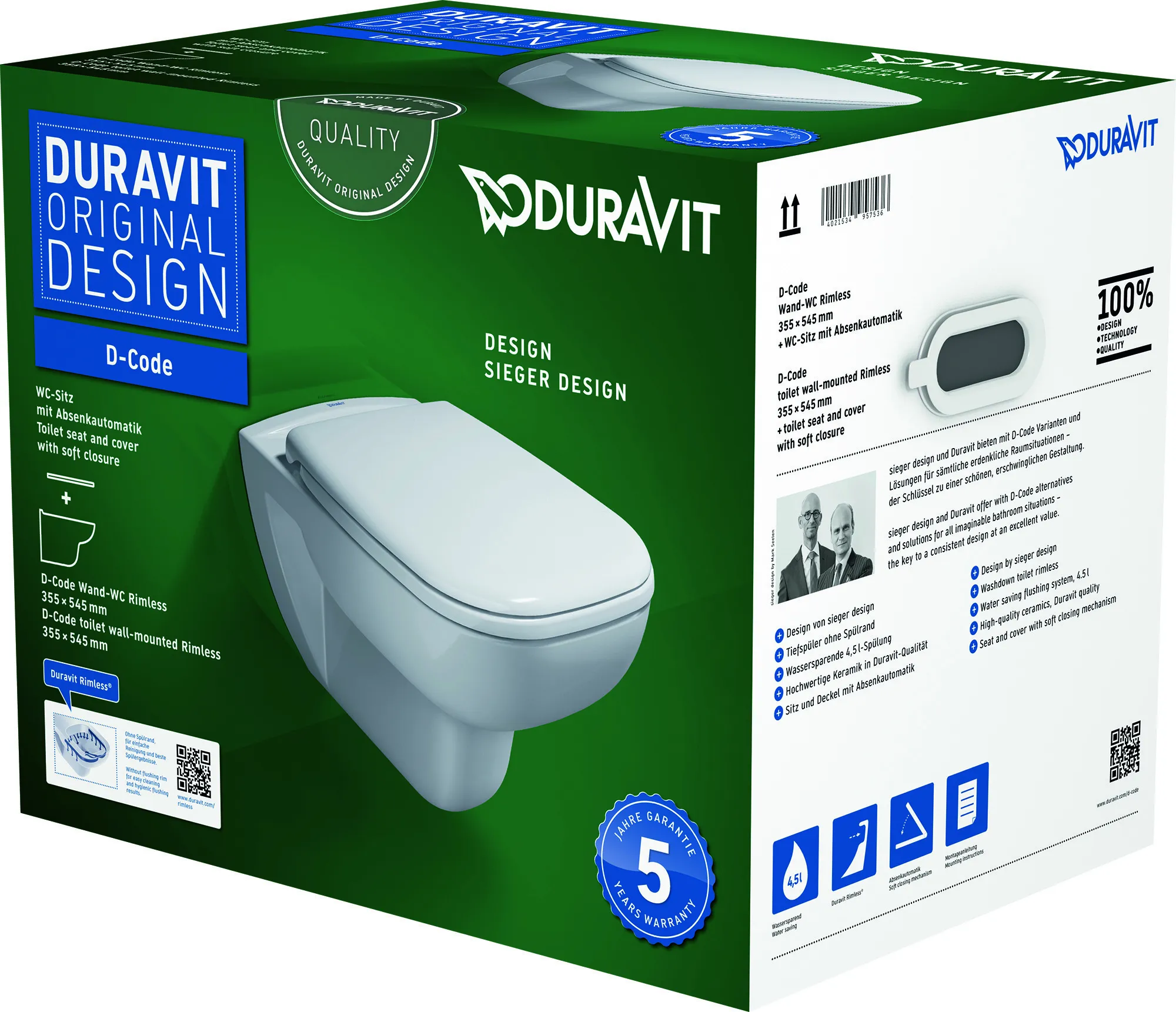 Duravit Wand-Tiefspül-WC inkl. WC-Sitz „D-Code“ 35,9 × 54,5 × 41 cm, Befestigung sichtbar