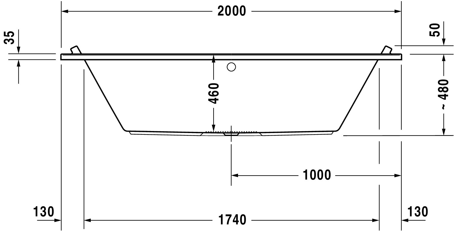 Duravit Badewanne „Starck“ rechteck 200 × 100 cm, Mittelablauf 