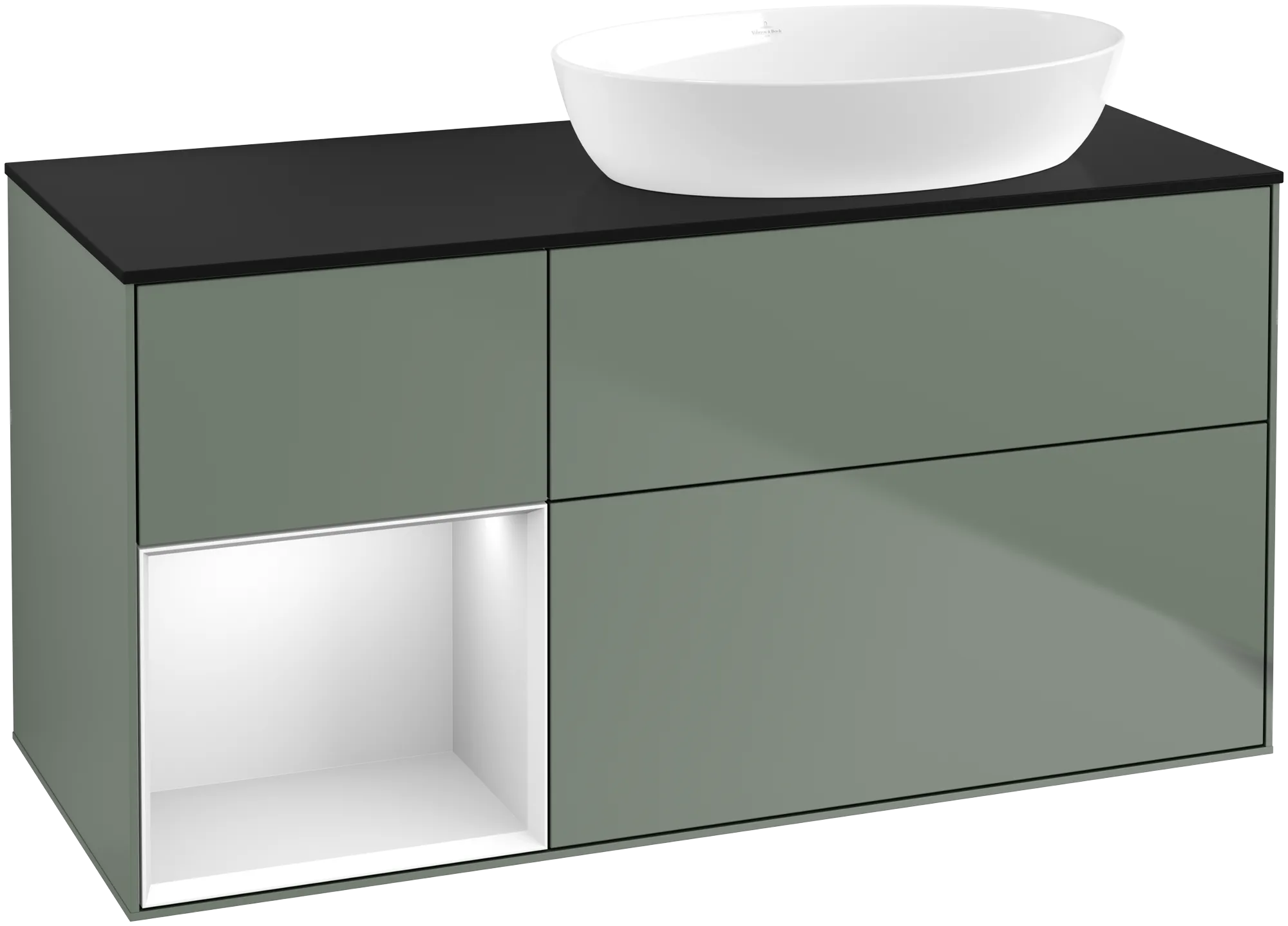 Villeroy & Boch Waschbeckenunterschrank Finion FA4, 1200x603x501mm, Olive Matt Lacquer / White Matt Lacquer / Glass Black Matt