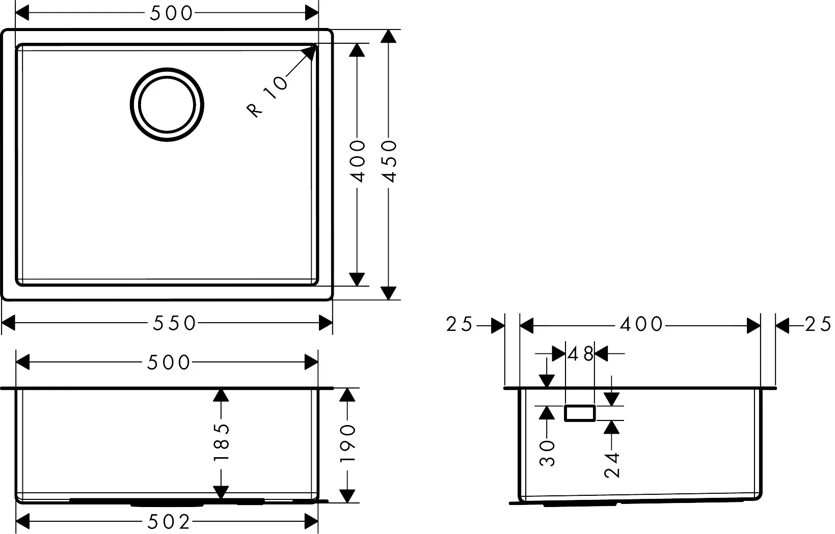 Hansgrohe S71 Unterbauspüle 500 mm Edelstahl, flach aufliegend oder flächenbündig, 498 x 398 mm, Beckentiefe 185 mm