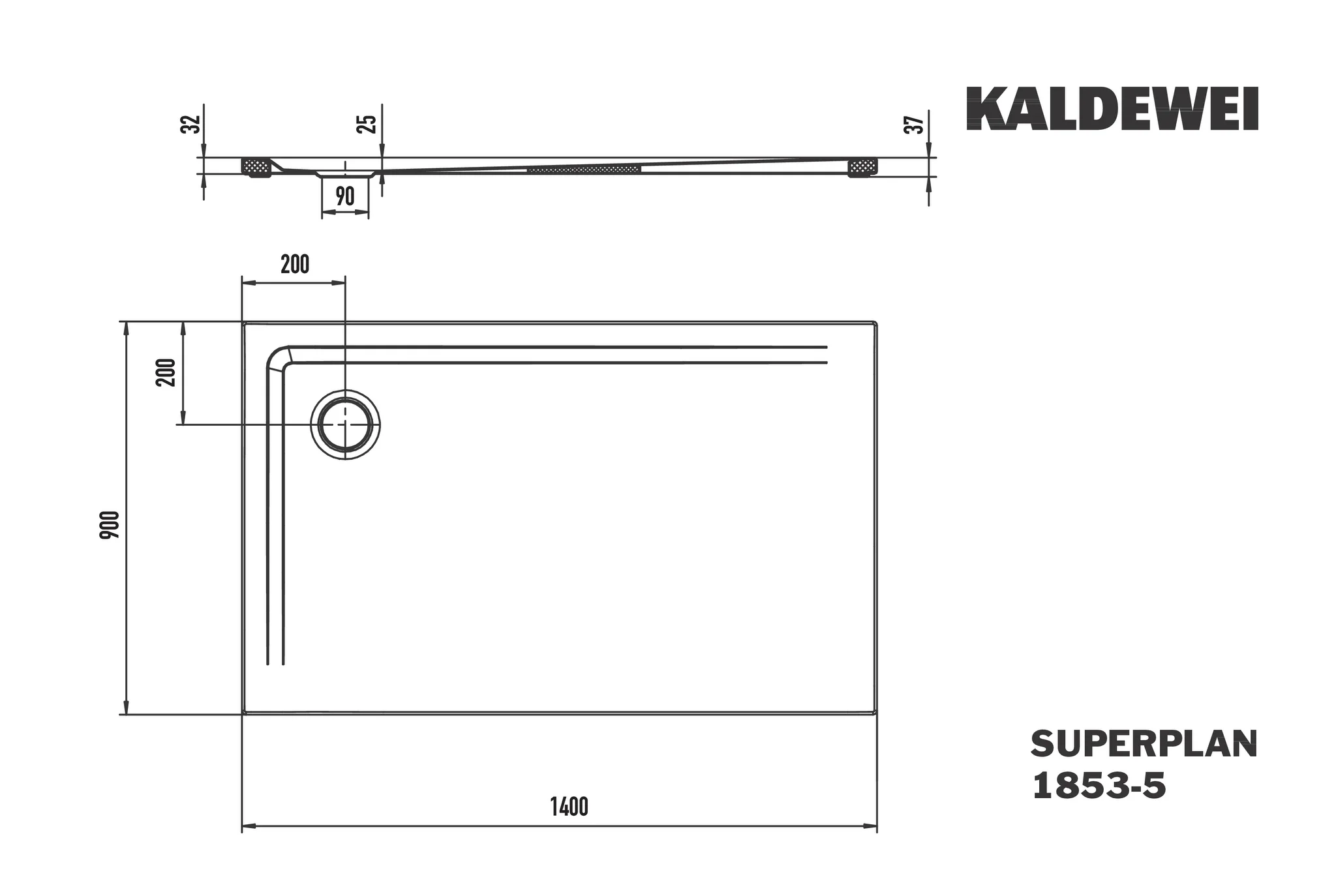 Kaldewei SUPERPLAN MIT WANNENTRÄGER EXTRAFLACH Duschfläche, 900x1400 mm, warm grey 60, Invisible Grip, 32 mm Randhöhe, 25 mm Tiefe, Eckablauf