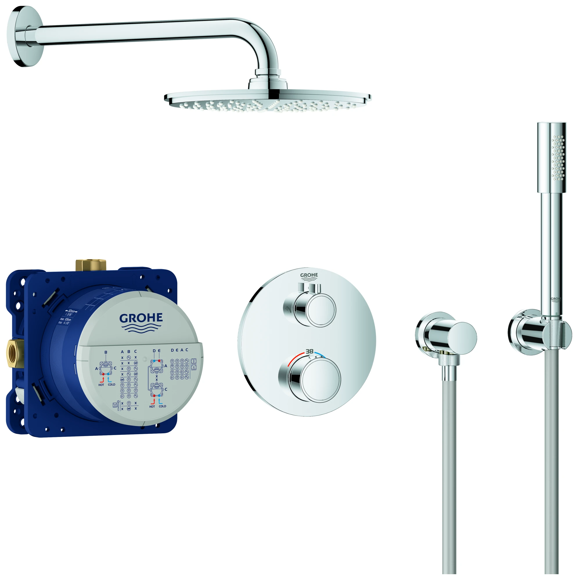 Duschsystem Unterputz Grohtherm 34732, mit Grohtherm Thermostat mit integrierter 2-Wege-Umstellung, Rainshower Cosmopolitan 210 Metall-Kopfbrause, runde Rosette, chrom