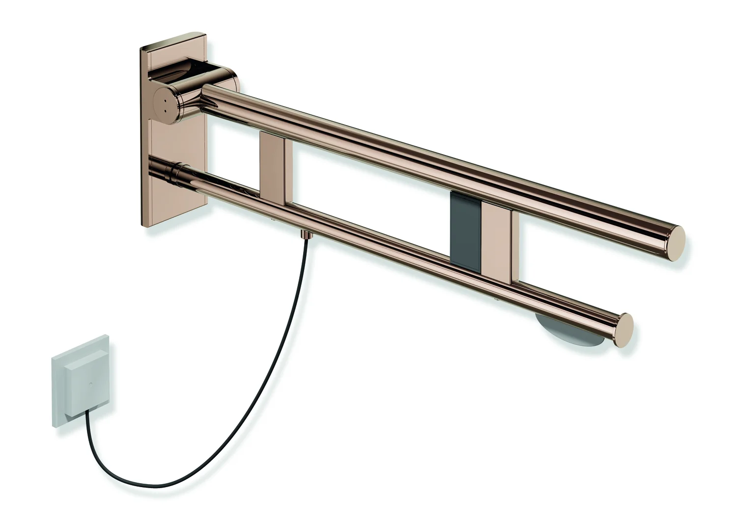 HEWI Stützklappgriff Duo System 900, Design A, Edelstahl PVD kupferglänzend, Ausladung 700 mm, mit WC-Papierhalter und Spülauslösung rechts HEWI Stützklappgriff Duo System 900, Design A, Edelstahl PVD kupferglänzend, Ausladung 700 mm, mit WC-Papierhalter und Spülauslösung rechts