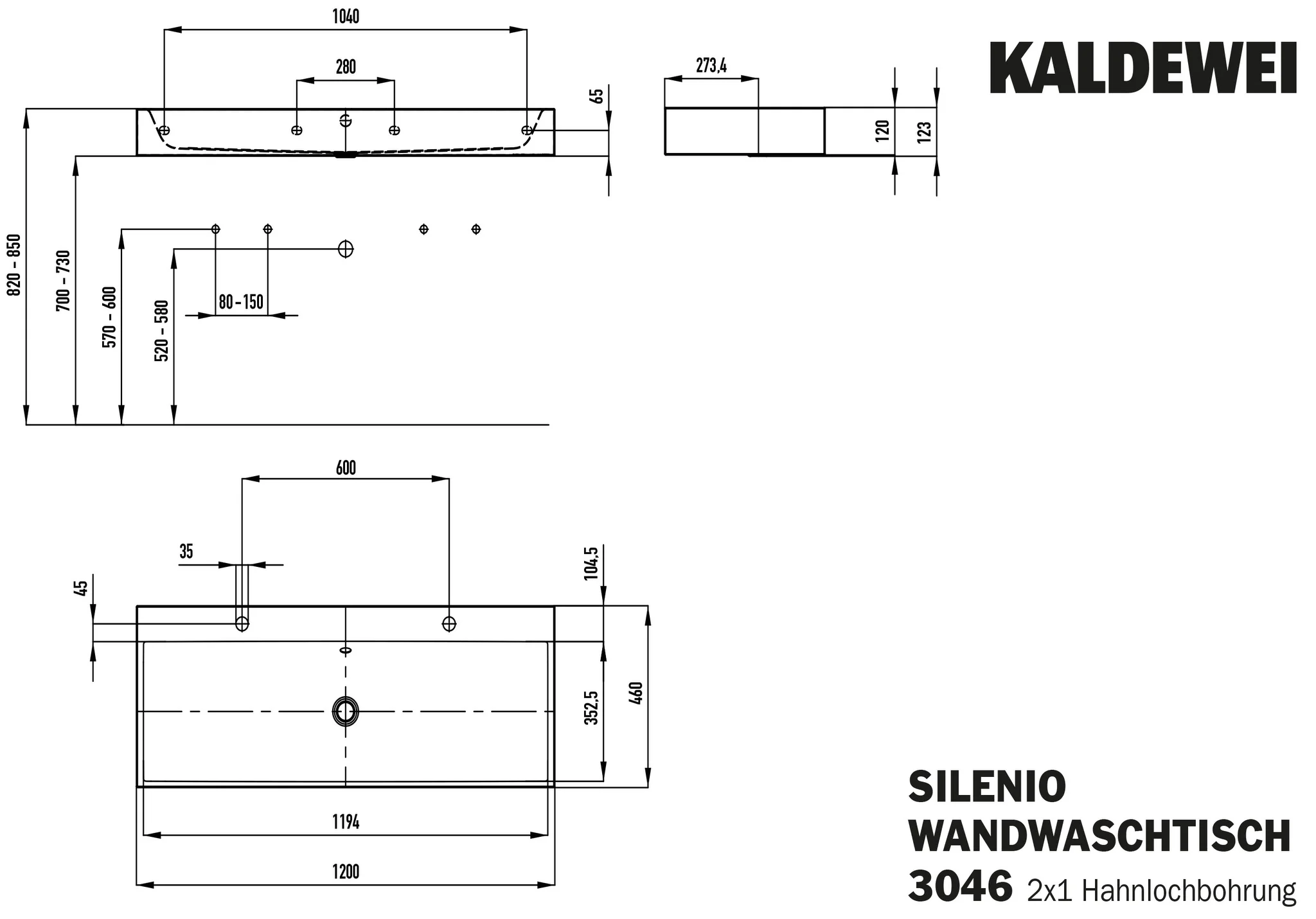 Kaldewei SILENIO Wand-Doppelwaschtisch, schwarz matt 100, 1200x460 mm, 120 mm Randhöhe, mit Überlauf und 2x1er Hahnlochbohrung