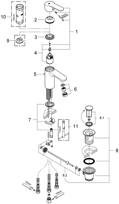 Einhand-Waschtischbatterie Eurostyle Cosmopolitan 33561_2, S-Size, Einlochmontage, Zugstangen-Ablaufgarnitur 1 1/4'', Niederdruck für offene Warmwasserbereiter, chrom