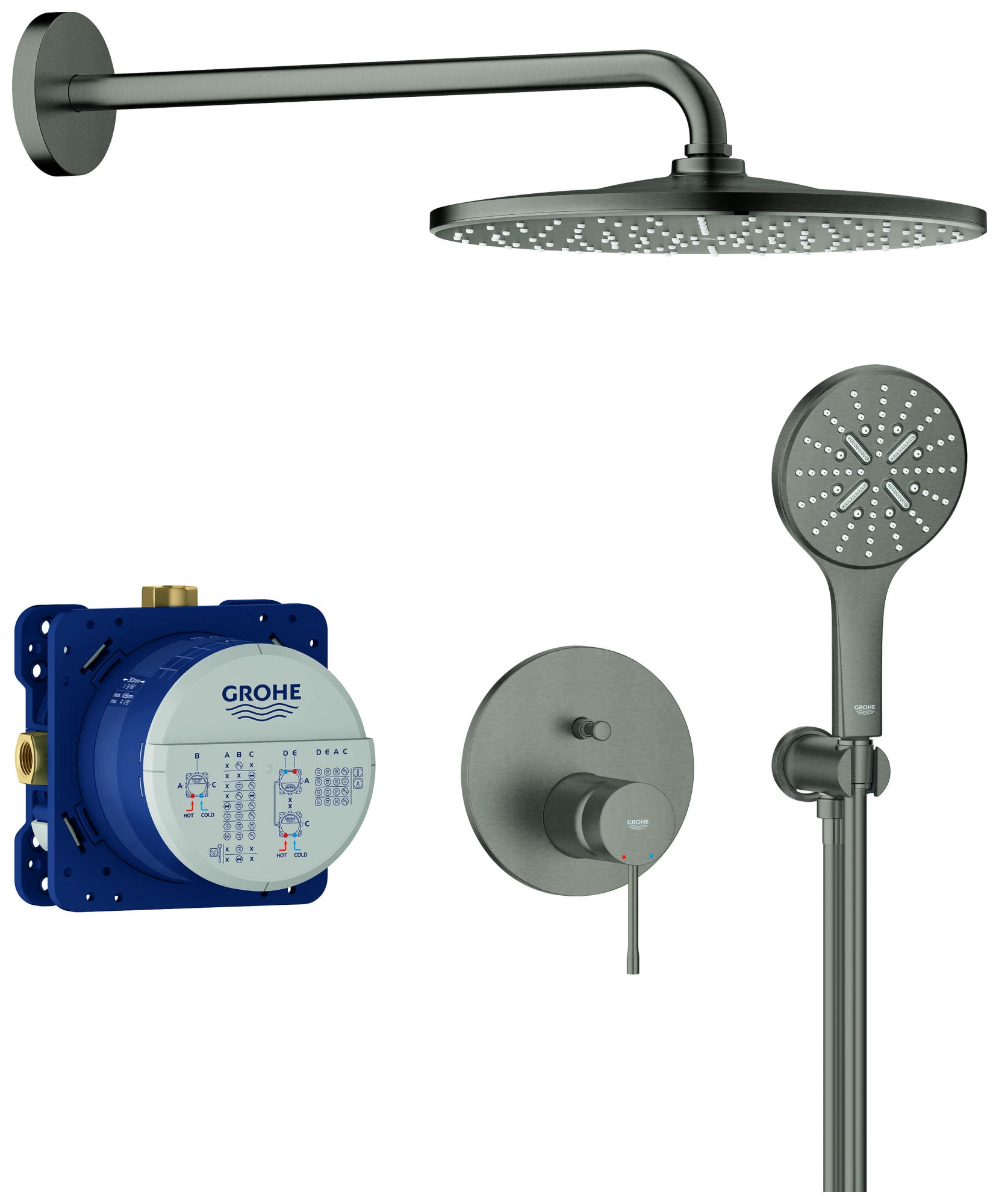 Unterputz-Duschsystem Essence 25287, mit UP-Einhandmischer mit 2-Wege-Umstellung, Rapido SmartBox, Kopfbrause Rainshower Mono 310, Rainshower SmartActive 130 Handbrause, Wandabgangsbogen, Brauseschlauch, chrom