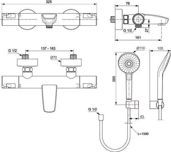 Badethermostat Aufputz Ceratherm T50 mit Handbrauseset Chrom Badethermostat Aufputz Ceratherm T50 mit Handbrauseset Chrom