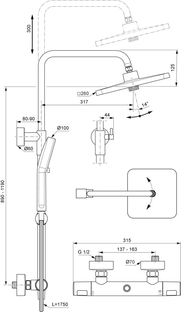 Ideal Standard Ceratherm T25+ Duschsystem mit eckiger Kopfbrause in Chrom