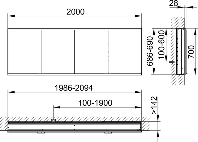 Royal Modular 2.0 800400200100500 Spiegelschrank unbeleuchtet Wandeinbau, 2 Steckd./2 USB 2000 × 700 × 160 mm silber-eloxiert