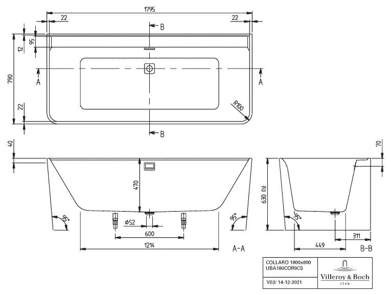 Villeroy & Boch Whirlwanne „Collaro“ mit Whirlsystem „Airpool Entry“ vorwand rechteck 179,5 × 79 cm, mittig