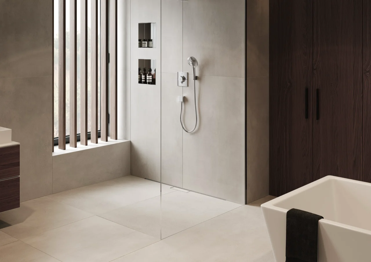 Hansgrohe RainDrain Match Plus Duschrinne Fertigset 1200 mm, höhenverstellbarer Rahmen, Mattschwarz