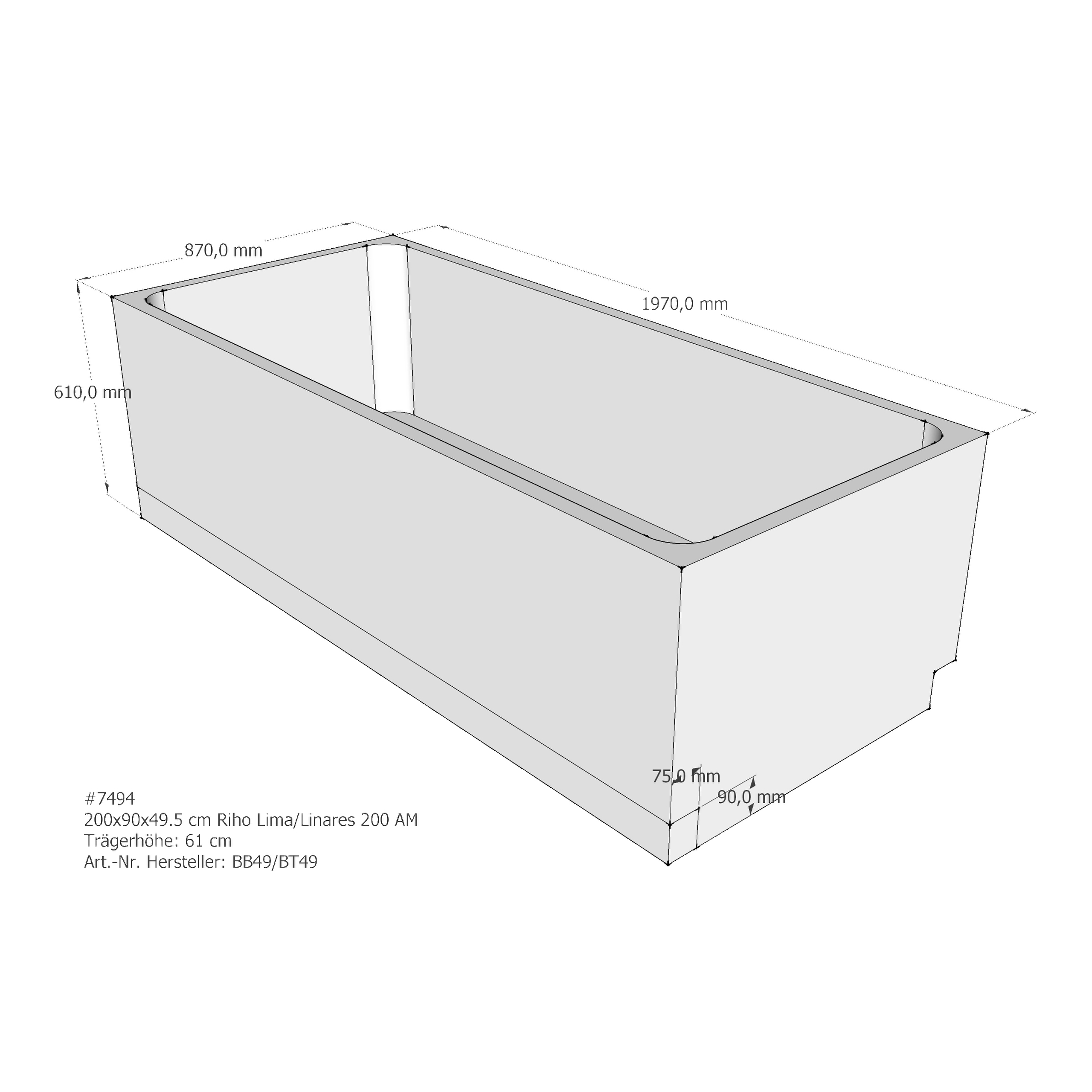 Badewannenträger für Riho Lima/Linares 200 200 × 90 × 49,5 cm Badewannenträger für Riho Lima/Linares 200 200 × 90 × 49,5 cm