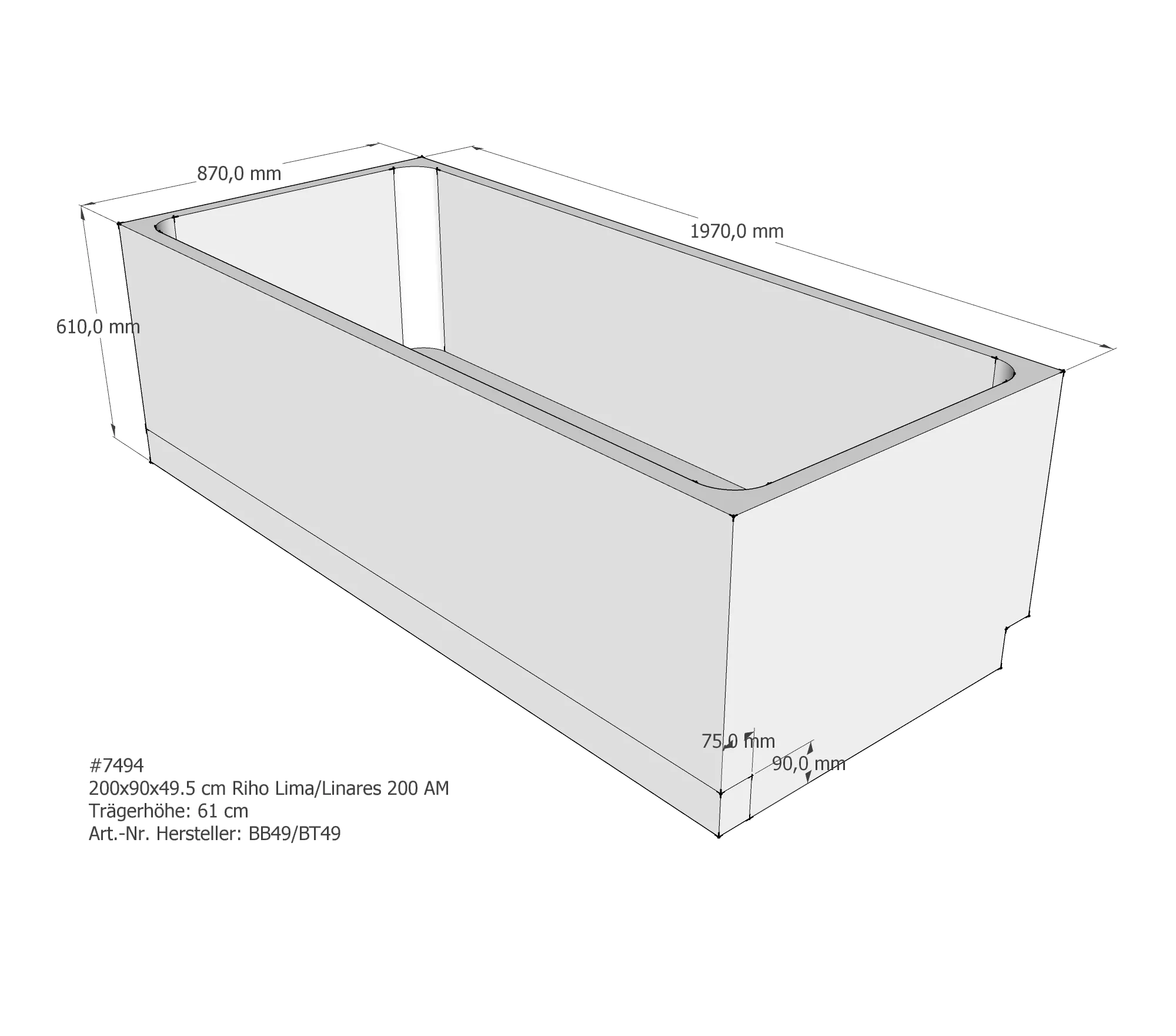 Badewannenträger für Riho Lima/Linares 200 200 × 90 × 49,5 cm
