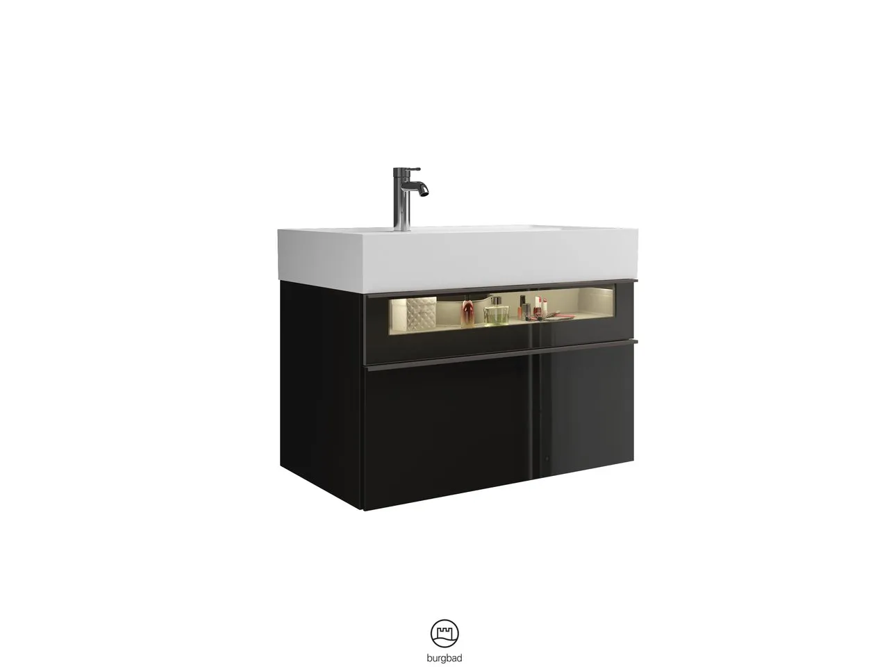 Mi-Waschtisch inkl. WTU Yumo von burgbad – 470x815x610 mm, Mineralguss, Rauchglasfront, LED-Beleuchtung Mi-Waschtisch inkl. WTU Yumo von burgbad – 470x815x610 mm, Mineralguss, Rauchglasfront, LED-Beleuchtung