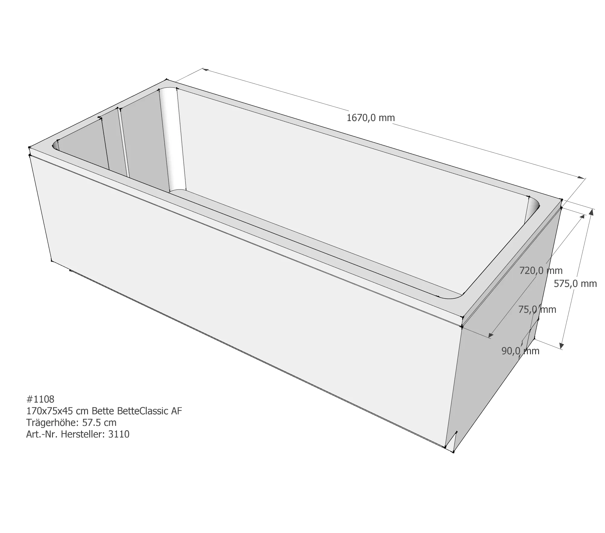 Badewannenträger für Bette Classic 170 × 75 × 45 cm