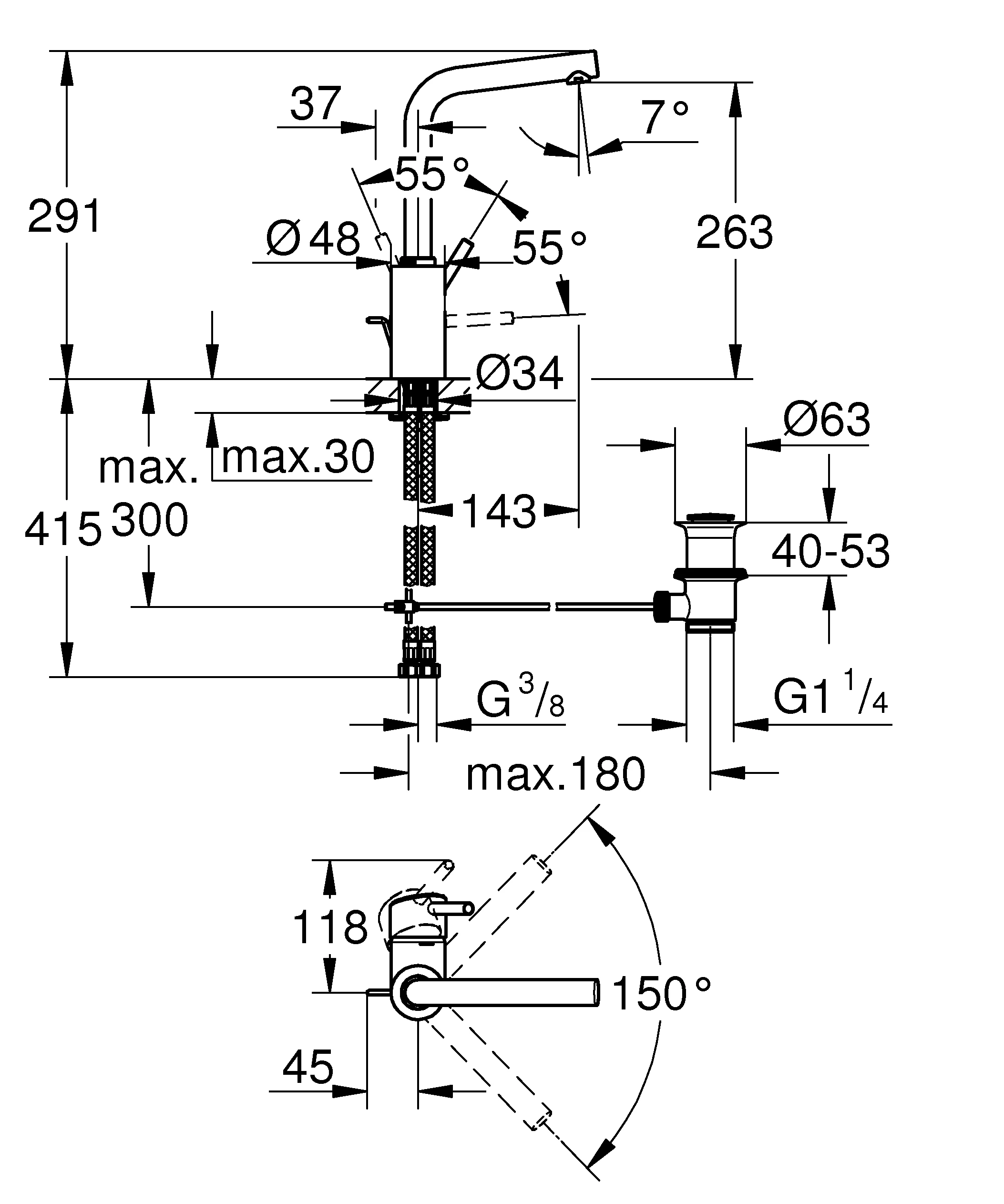 Einhand-Waschtischbatterie Concetto 23739_2, L-Size, Einlochmontage, getrennte innenliegende Wasserwege – kein Kontakt mit Blei oder Nickel, Zugstangen-Ablaufgarnitur 1 1/4″, chrom